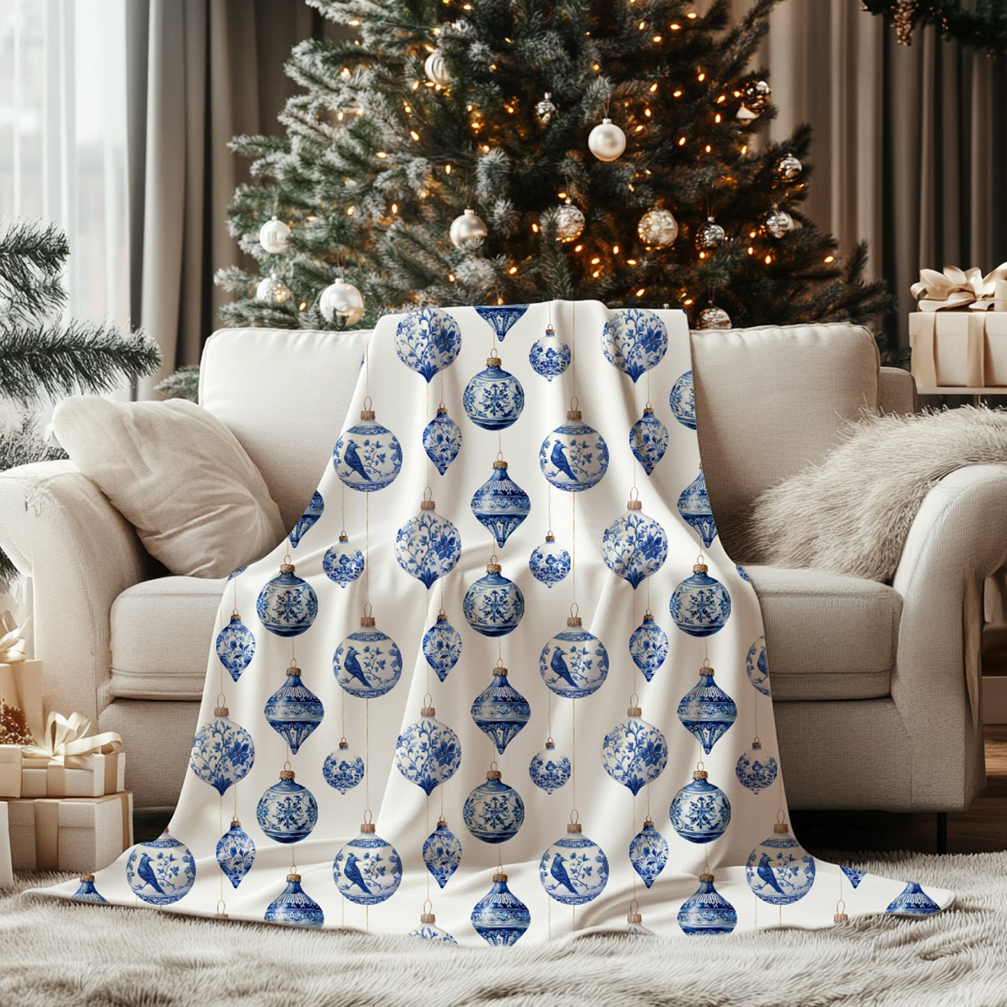 Chinoiserie Christmas Ornament Monogrammed Blanket