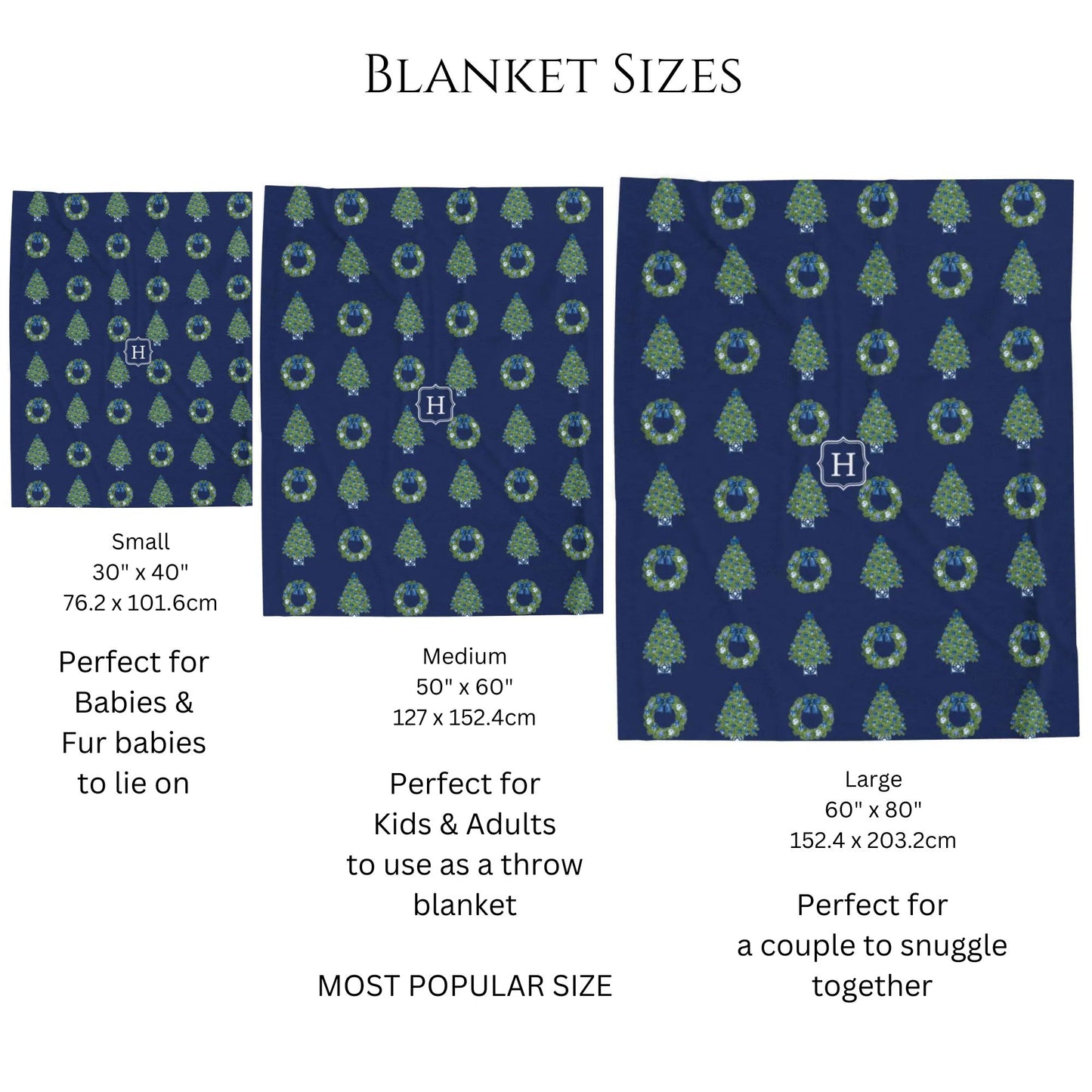 Chinoiserie Christmas Tree and Wreath Blanket - Navy Blue