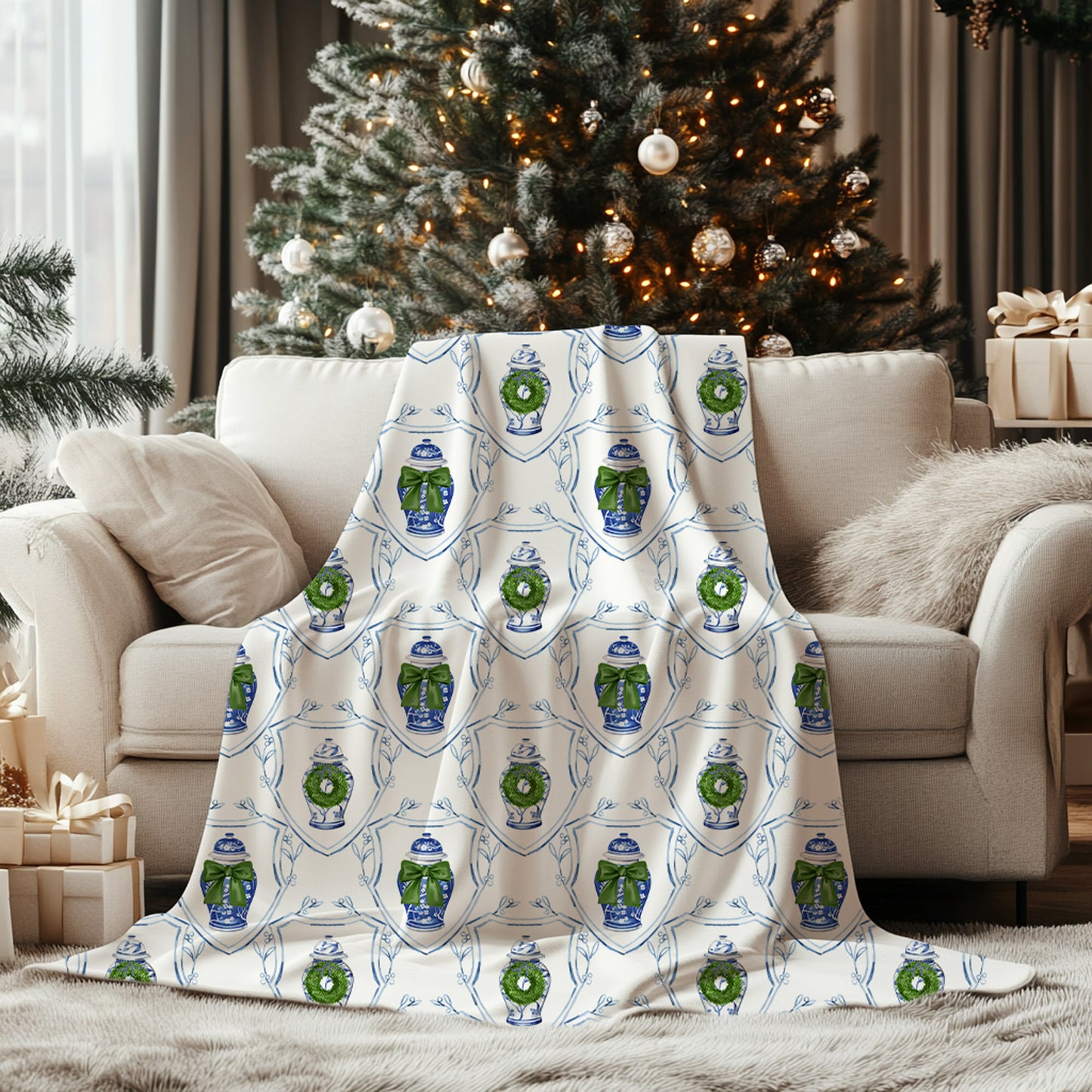 Chinoiserie Ginger Jar Monogrammed Blanket