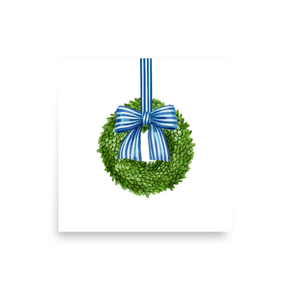 Boxwood Wreath Blue Striped Bow Art print - Hydrangea Lane Home