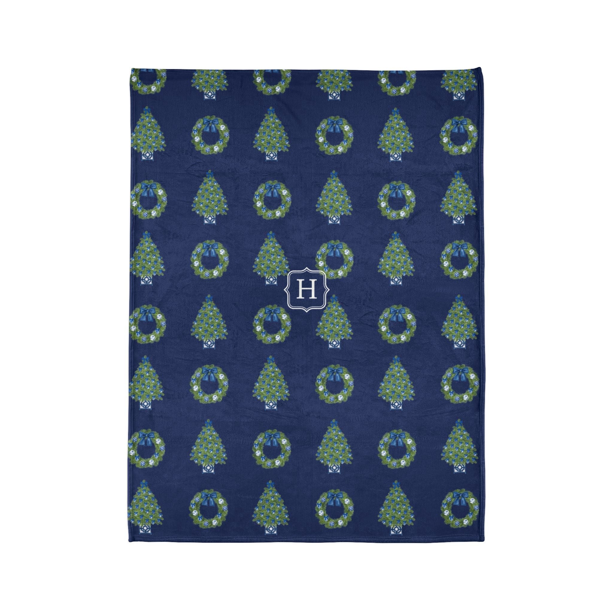 Chinoiserie Christmas Tree and Wreath Blanket - Navy Blue - Hydrangea Lane Home