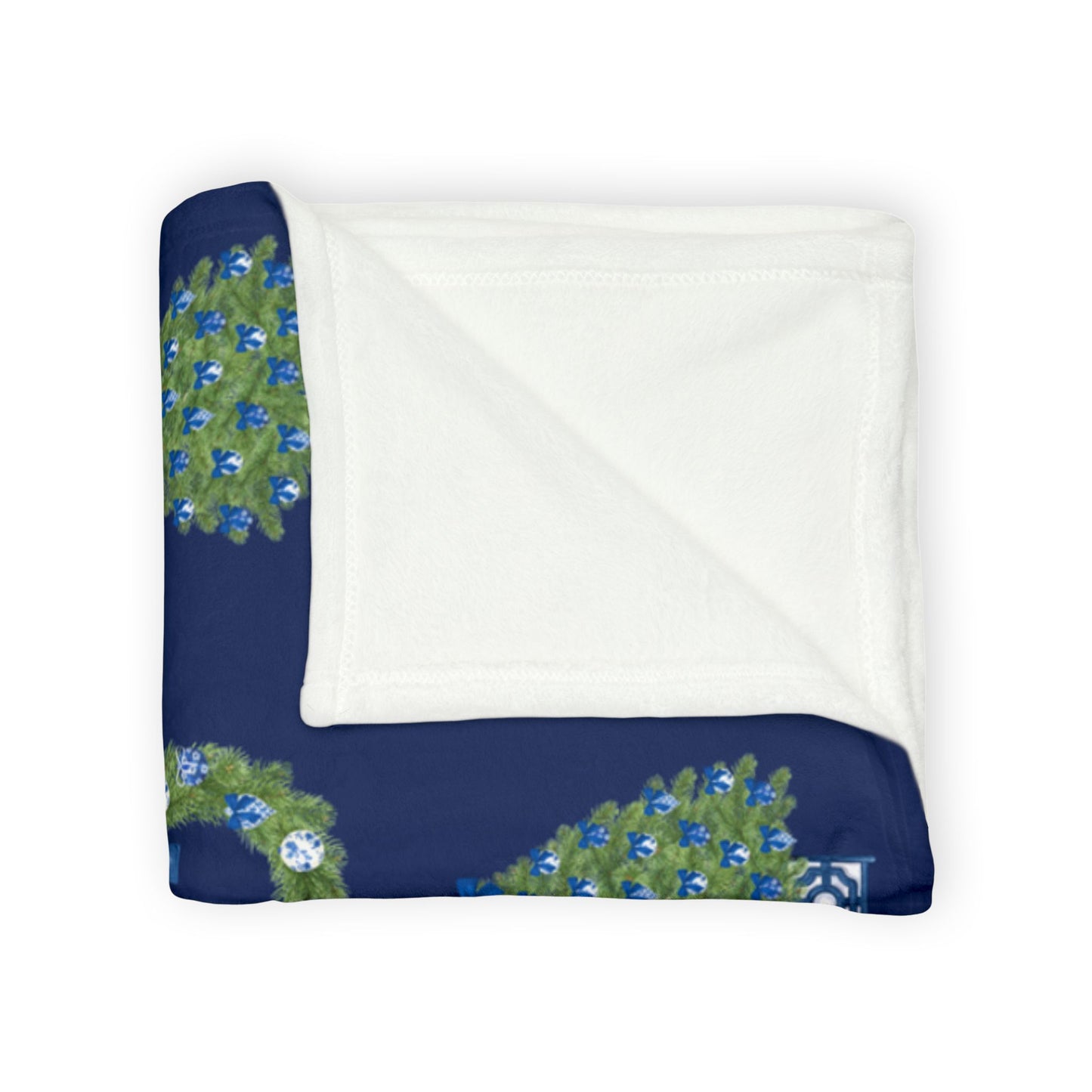Chinoiserie Christmas Tree and Wreath Blanket - Navy Blue