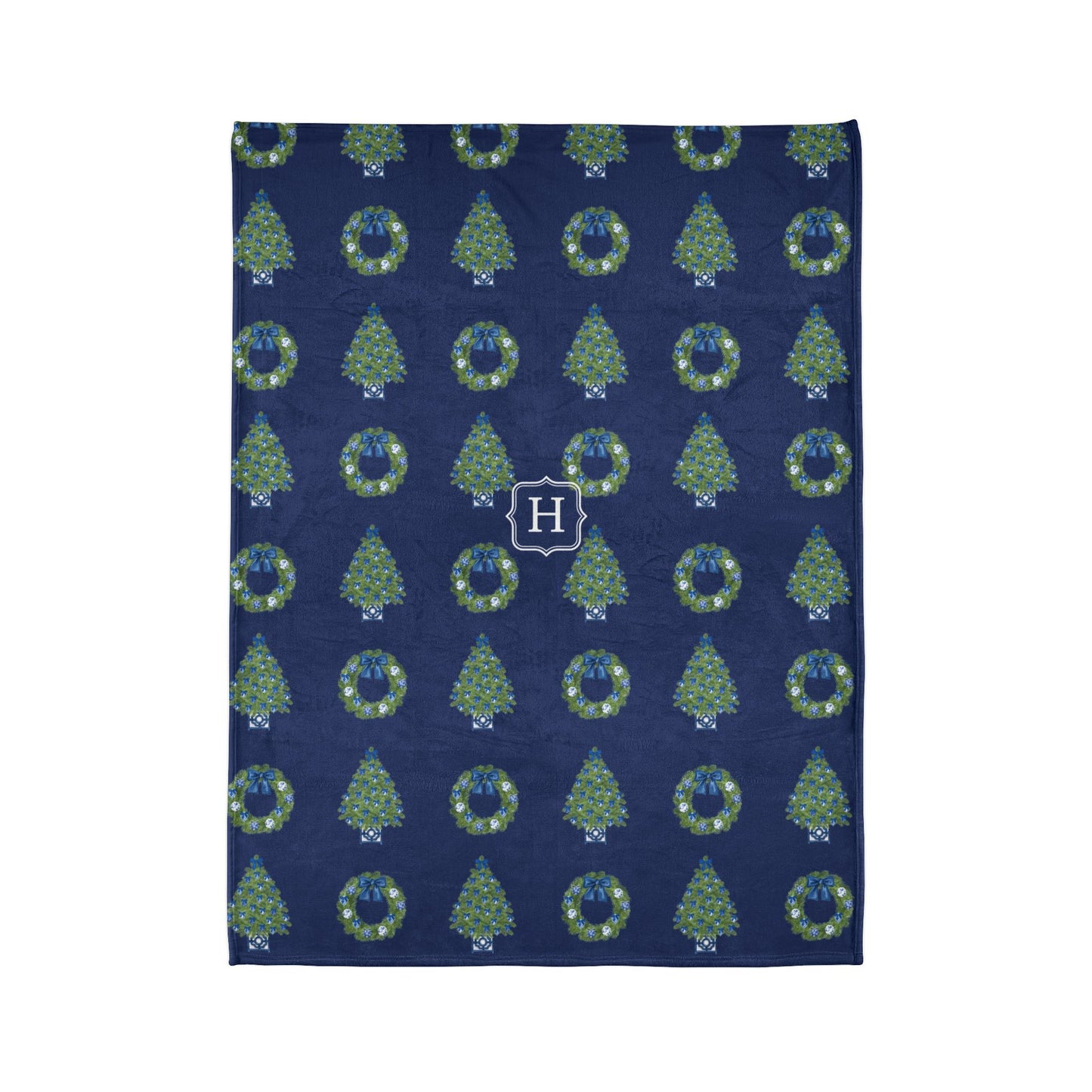 Chinoiserie Christmas Tree and Wreath Blanket - Navy Blue