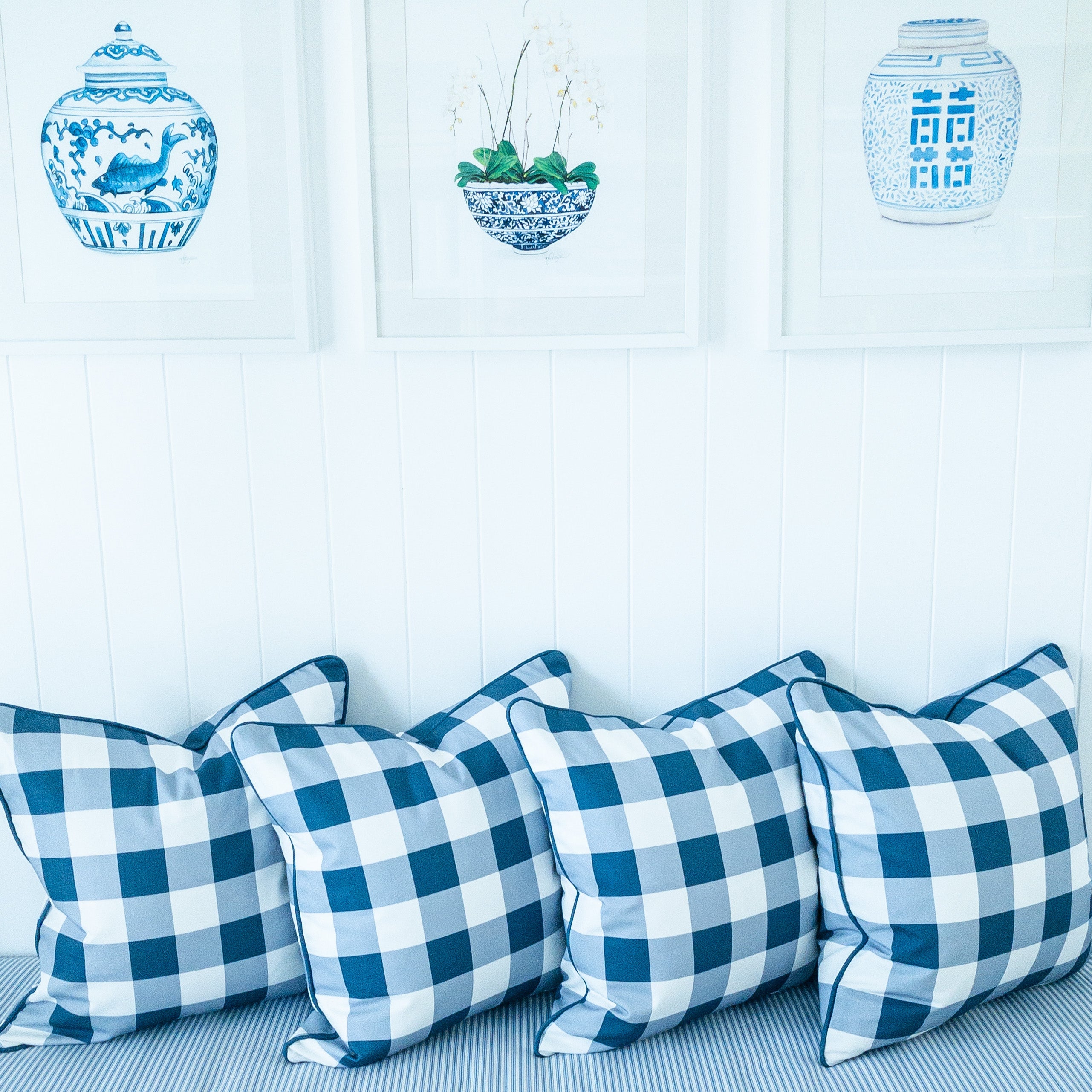 Gingham Check Medium Cushion - Blues - Hydrangea Lane Home