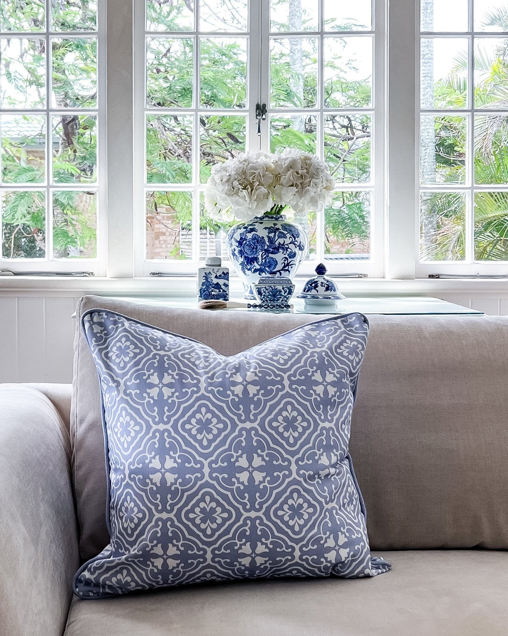 Amalfi Tulip Scroll Cushion - Blues - Hydrangea Lane Home