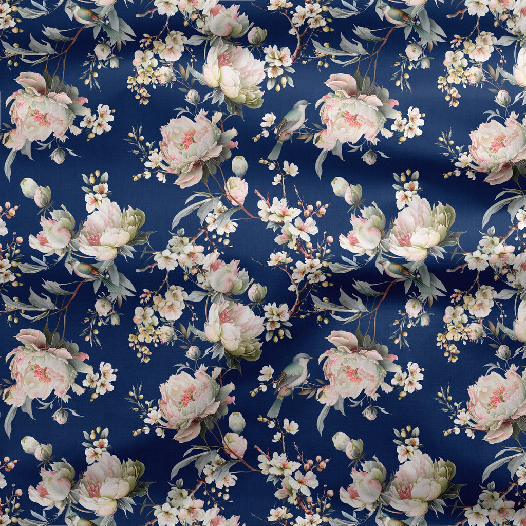 Bird in Blossom Fabric - Navy - Hydrangea Lane Home