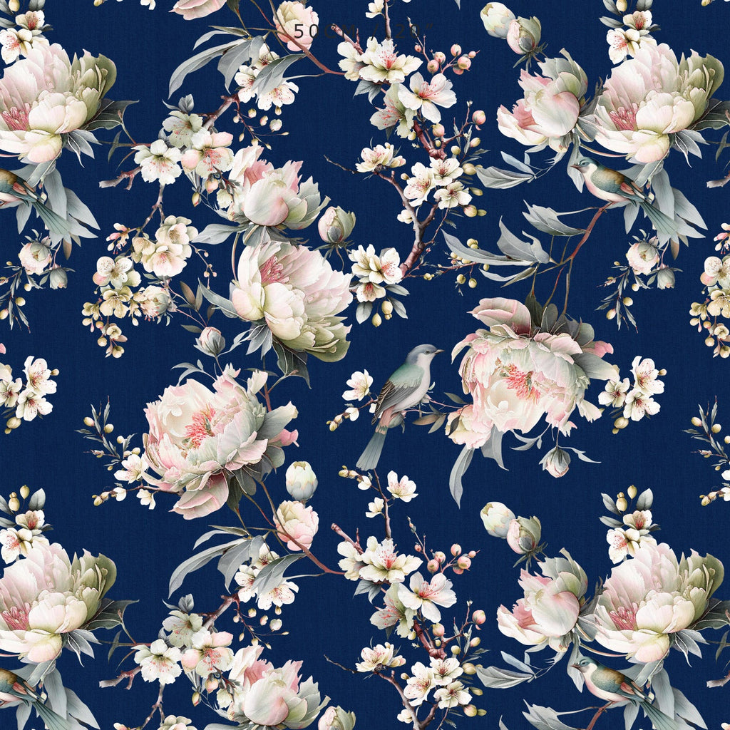Bird in Blossom Fabric - Navy - Hydrangea Lane Home