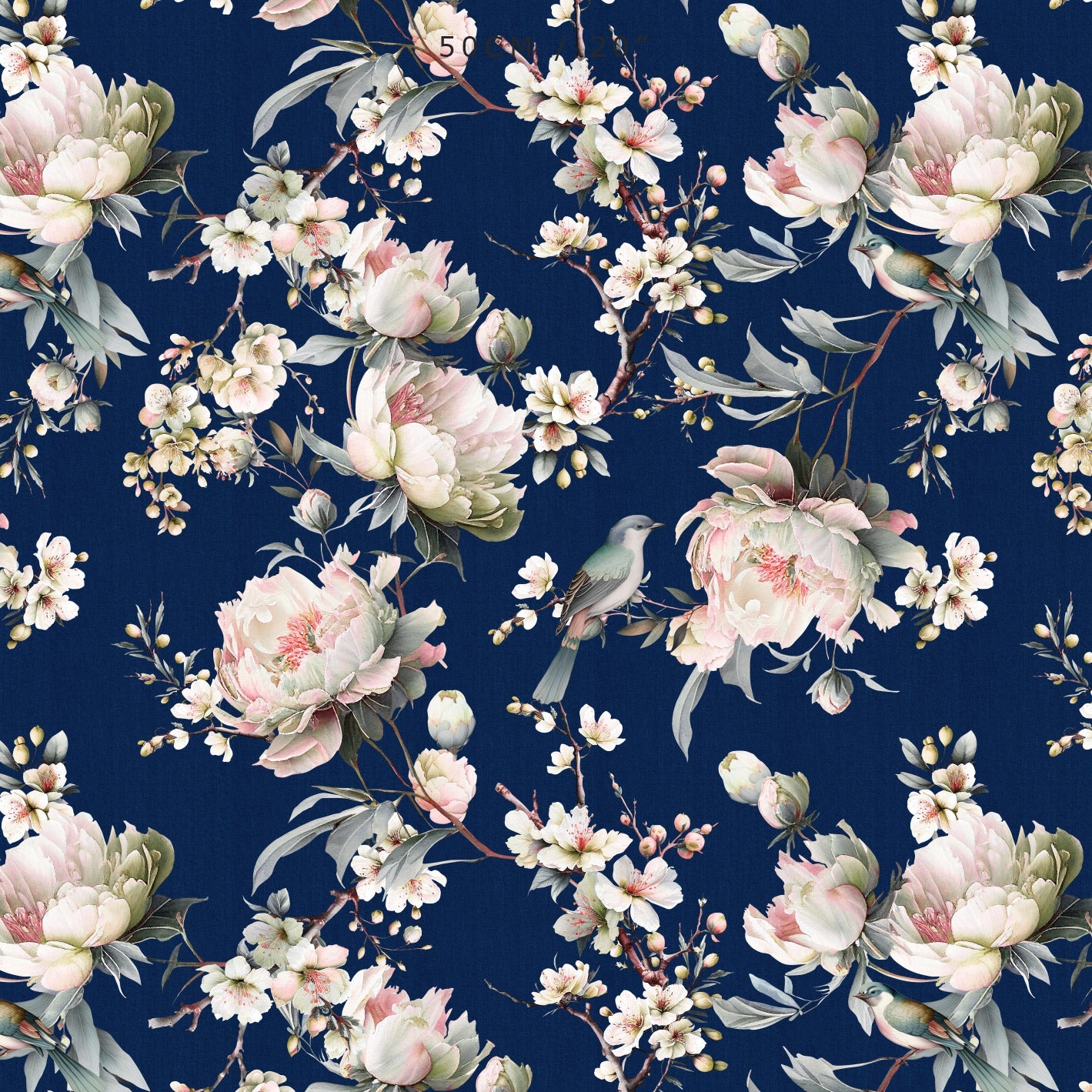 Bird in Blossom Fabric - Navy - Hydrangea Lane Home