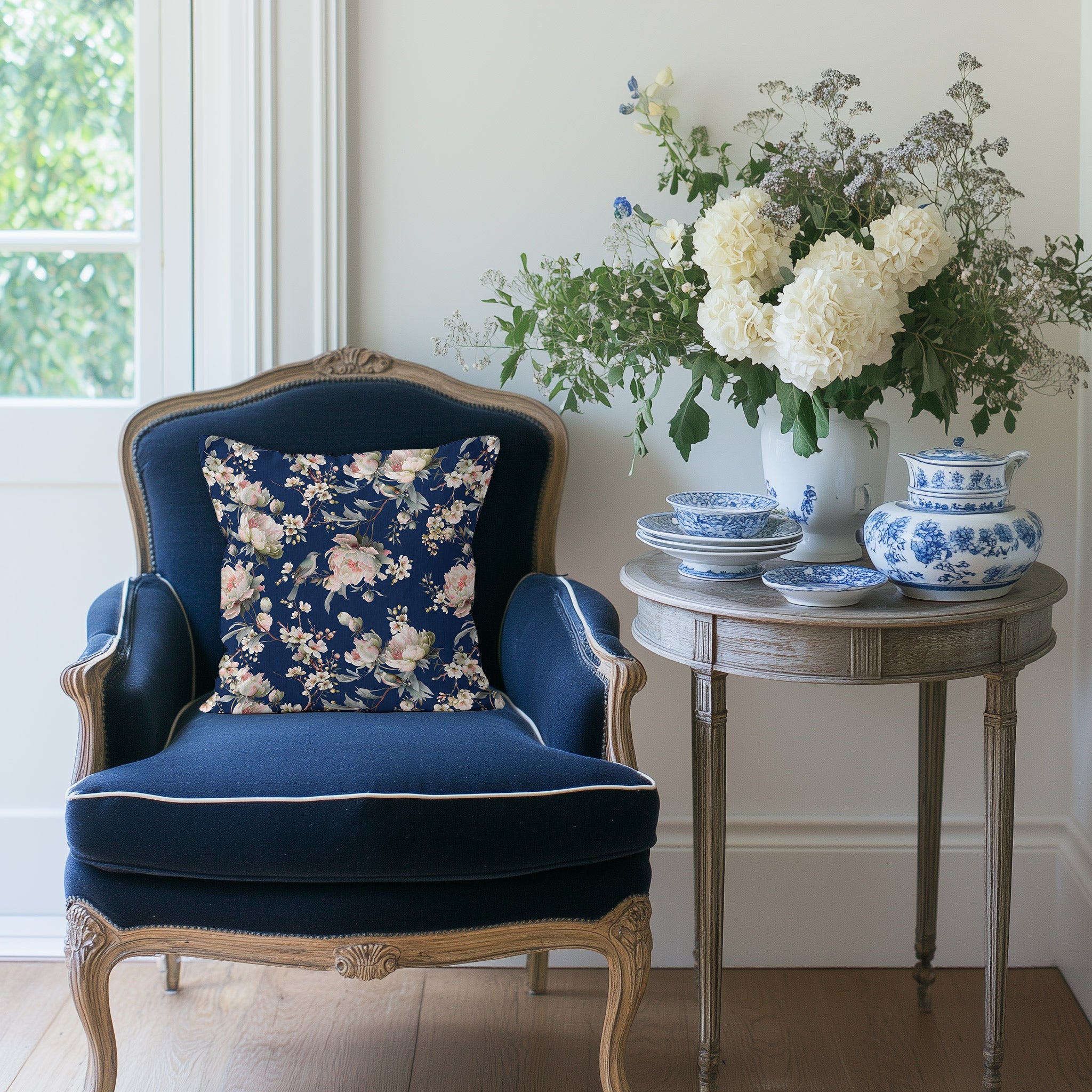 Bird in Blossom Fabric - Navy - Hydrangea Lane Home