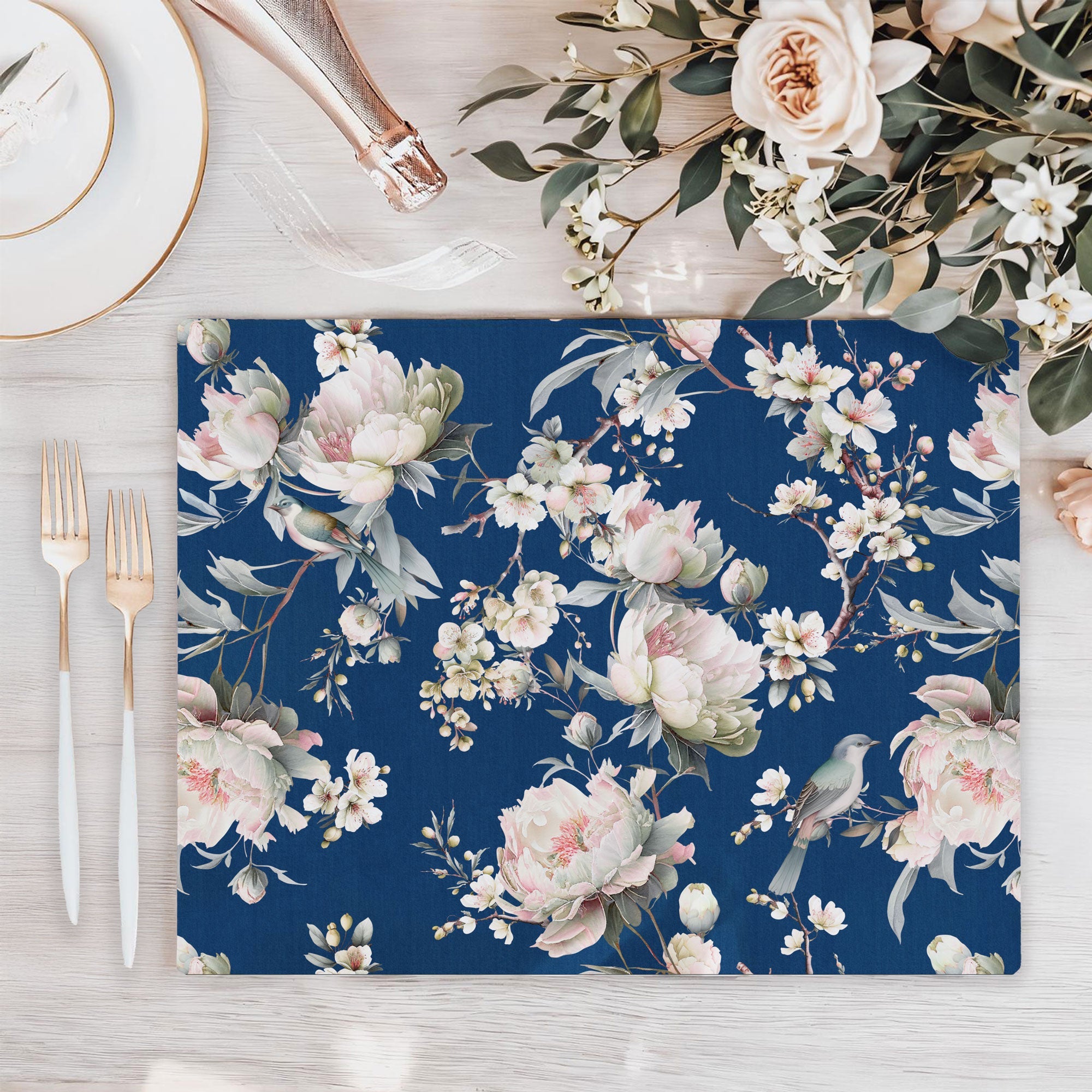 Bird in Blossom Fabric - Navy - Hydrangea Lane Home