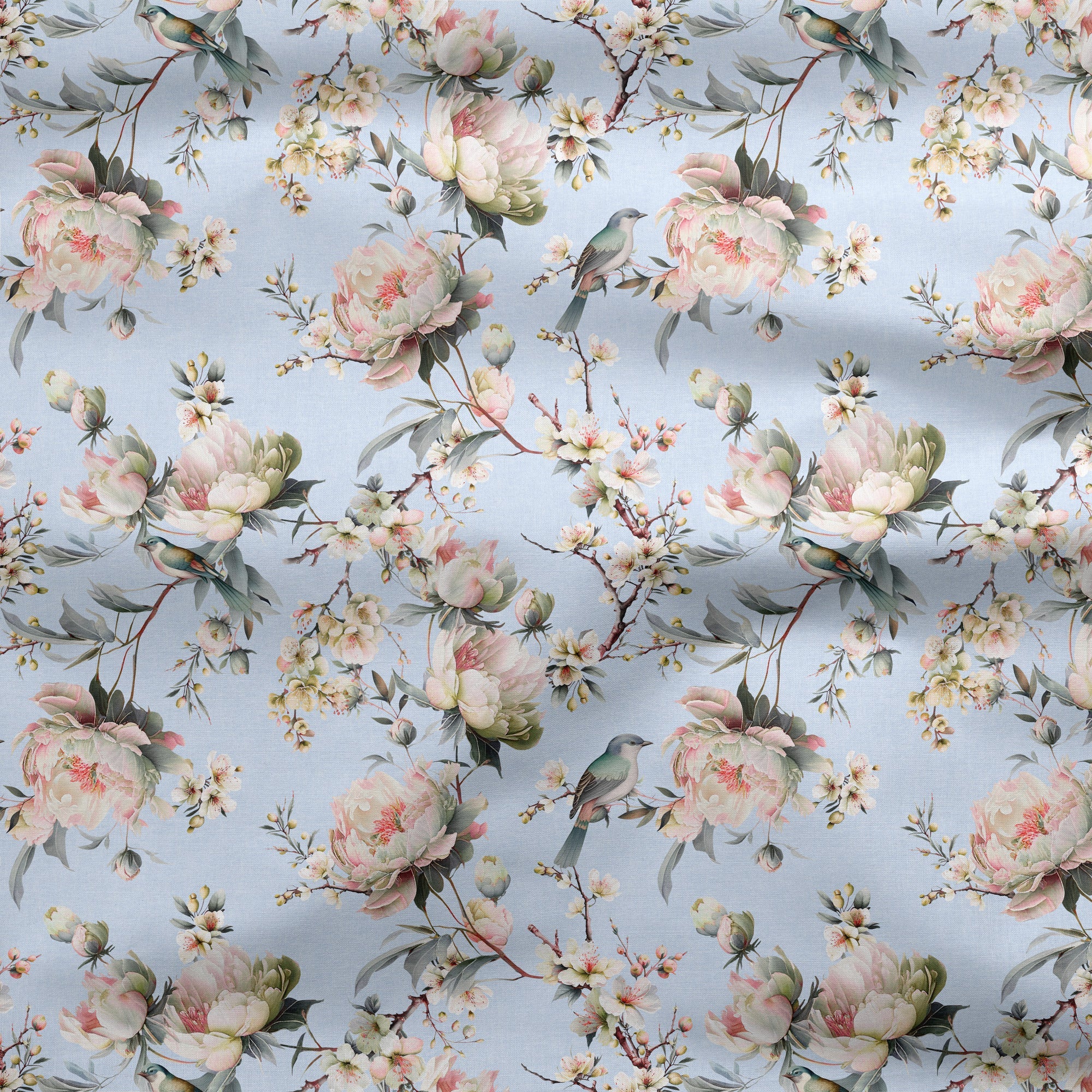 Bird in Blossom Fabric - Serenity Blue - Hydrangea Lane Home