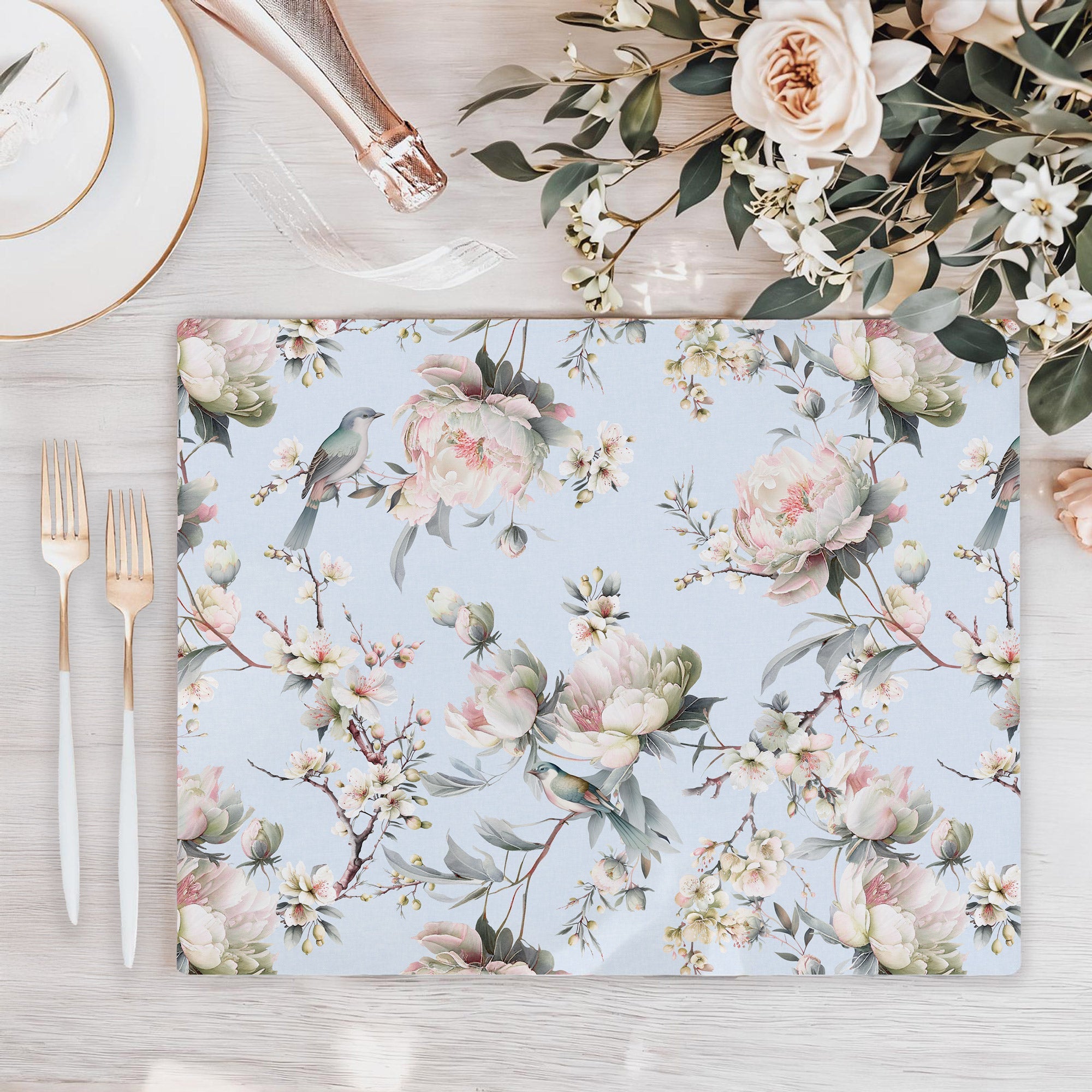 Bird in Blossom Fabric - Serenity Blue - Hydrangea Lane Home