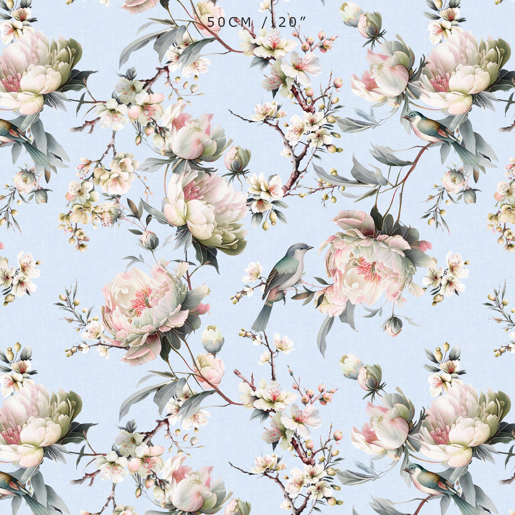 Bird in Blossom Fabric - Serenity Blue - Hydrangea Lane Home
