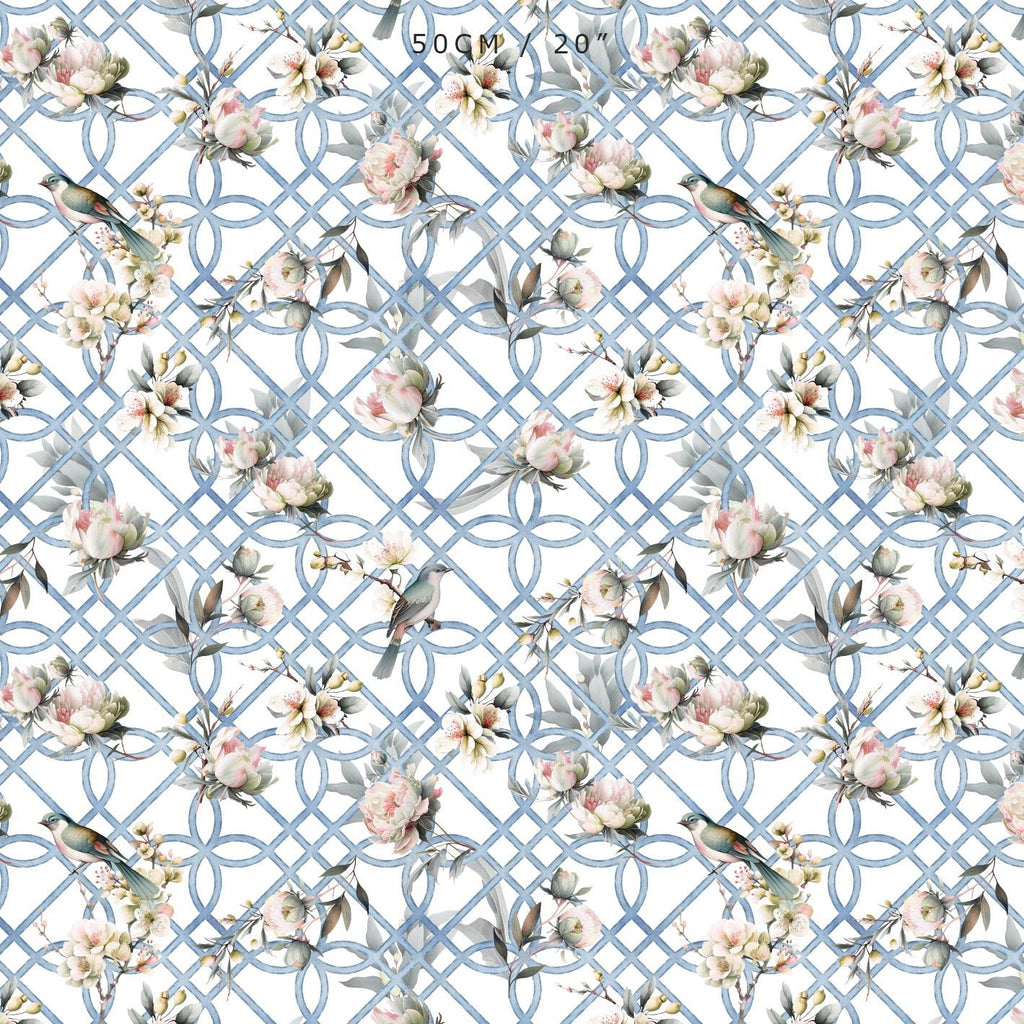 Bird in Blossom Trellis Fabric - Blue - Hydrangea Lane Home
