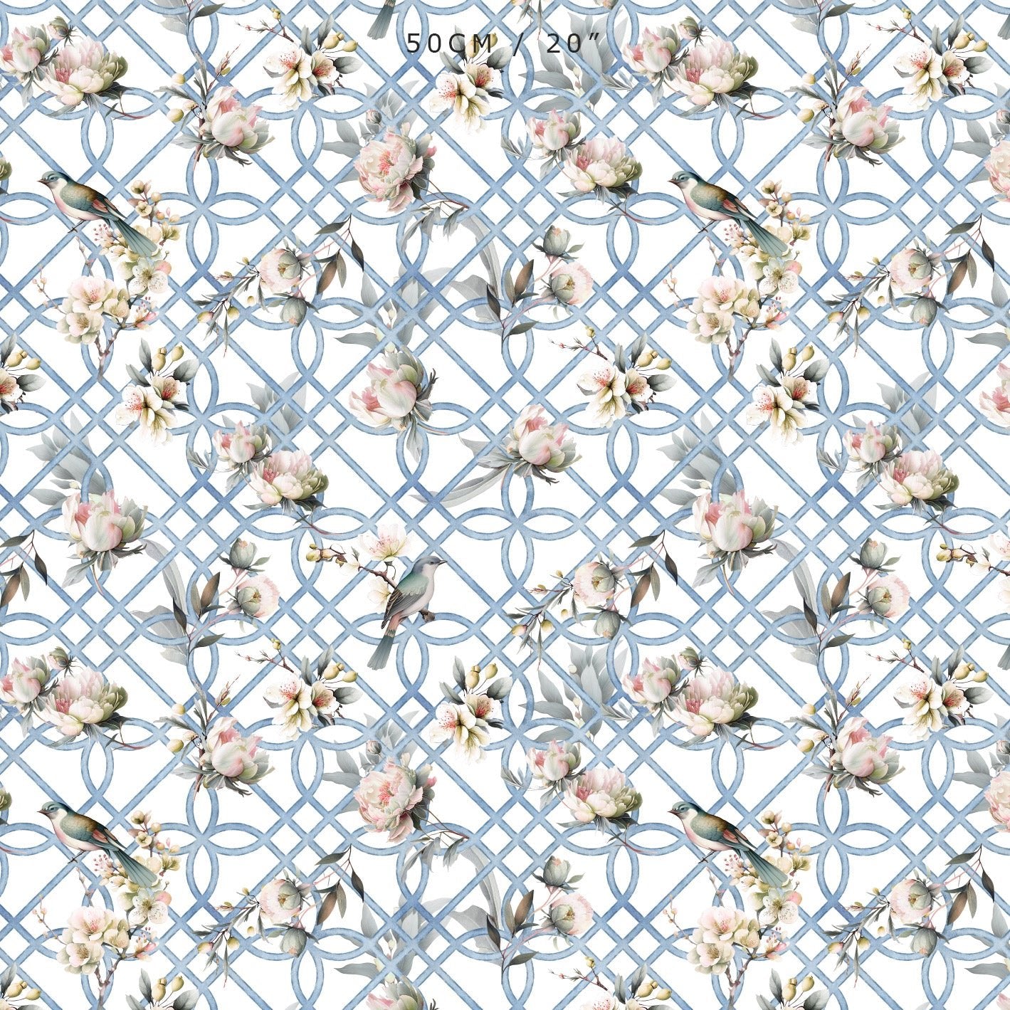 Bird in Blossom Trellis Fabric - Blue - Hydrangea Lane Home