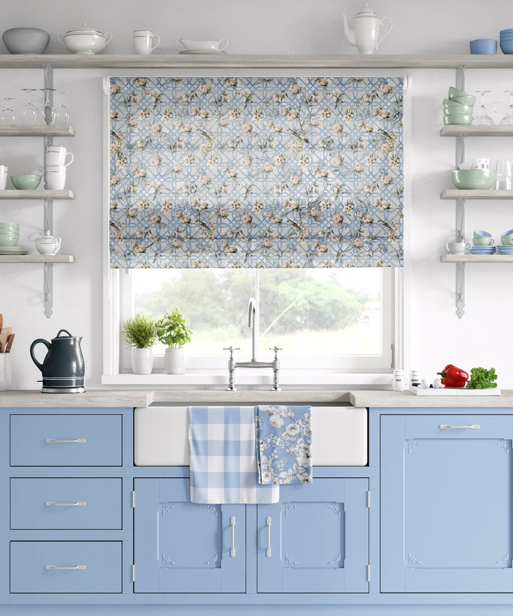 Bird in Blossom Trellis Fabric - Blue - Hydrangea Lane Home