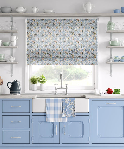 Bird in Blossom Trellis Fabric - Blue - Hydrangea Lane Home