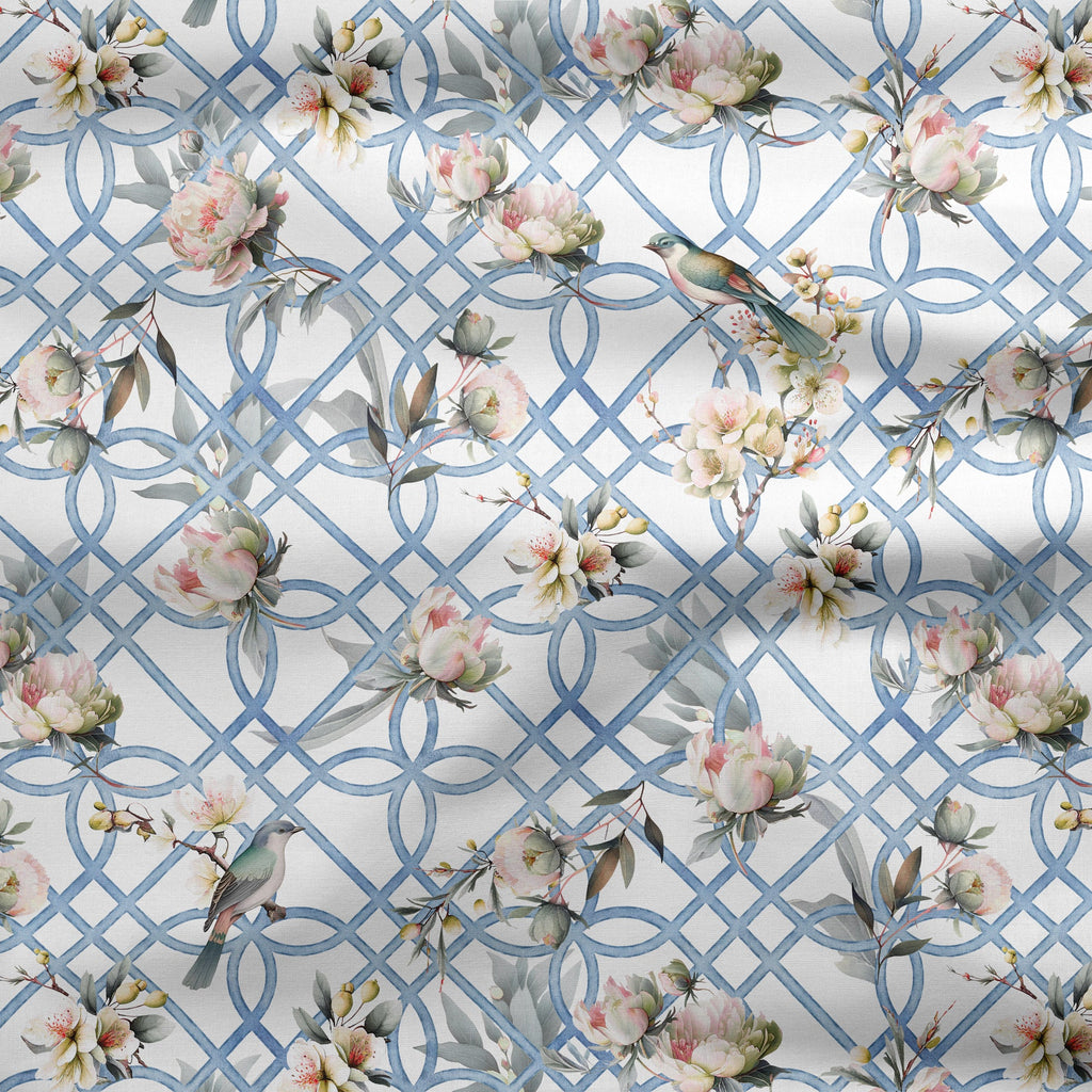 Bird in Blossom Trellis Fabric - Blue - Hydrangea Lane Home