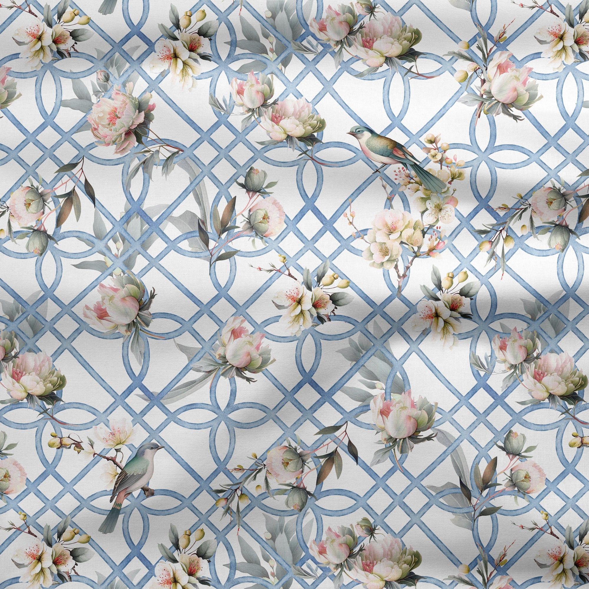 Bird in Blossom Trellis Fabric - Blue - Hydrangea Lane Home
