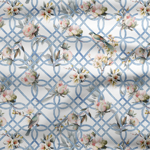 Bird in Blossom Trellis Fabric - Blue - Hydrangea Lane Home