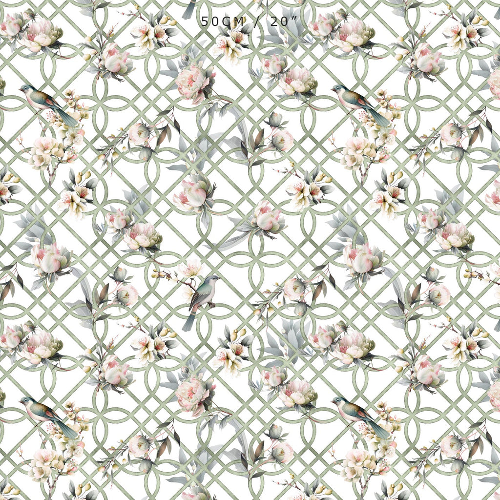 Bird in Blossom Trellis Fabric - Green - Hydrangea Lane Home