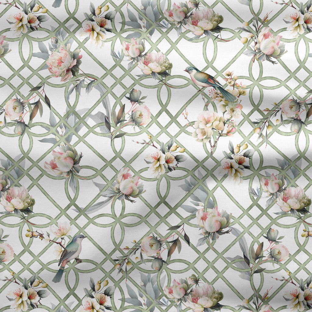 Bird in Blossom Trellis Fabric - Green - Hydrangea Lane Home