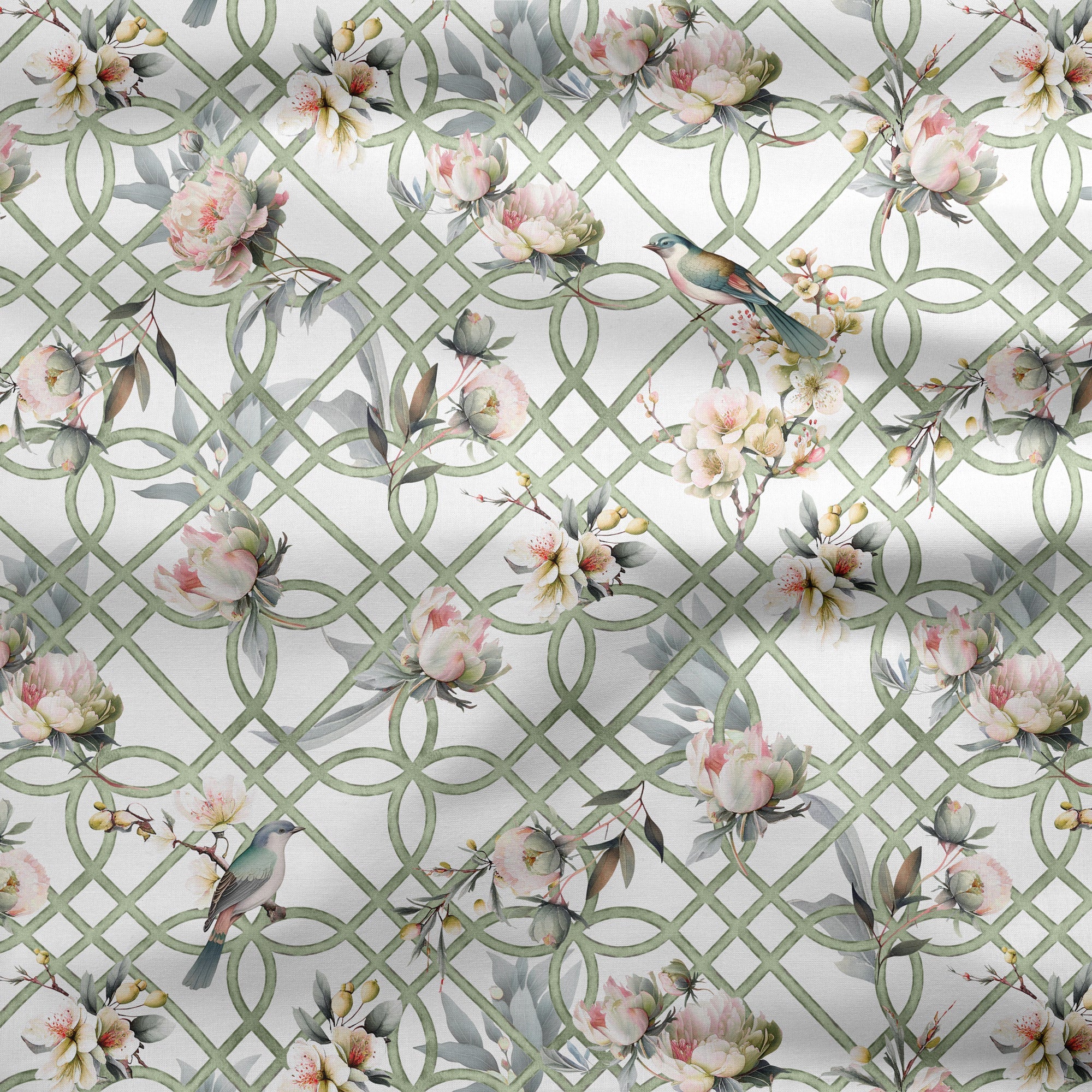 Bird in Blossom Trellis Fabric - Green - Hydrangea Lane Home