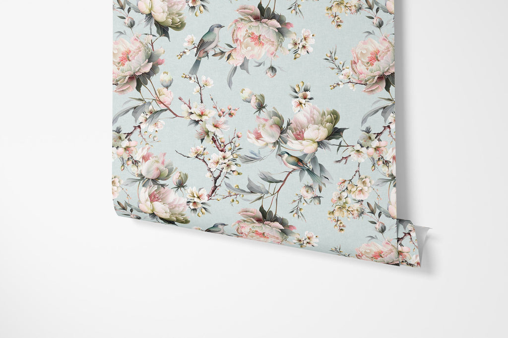 Bird in Blossom Wallpaper - Eau de Nil Green - Hydrangea Lane Home