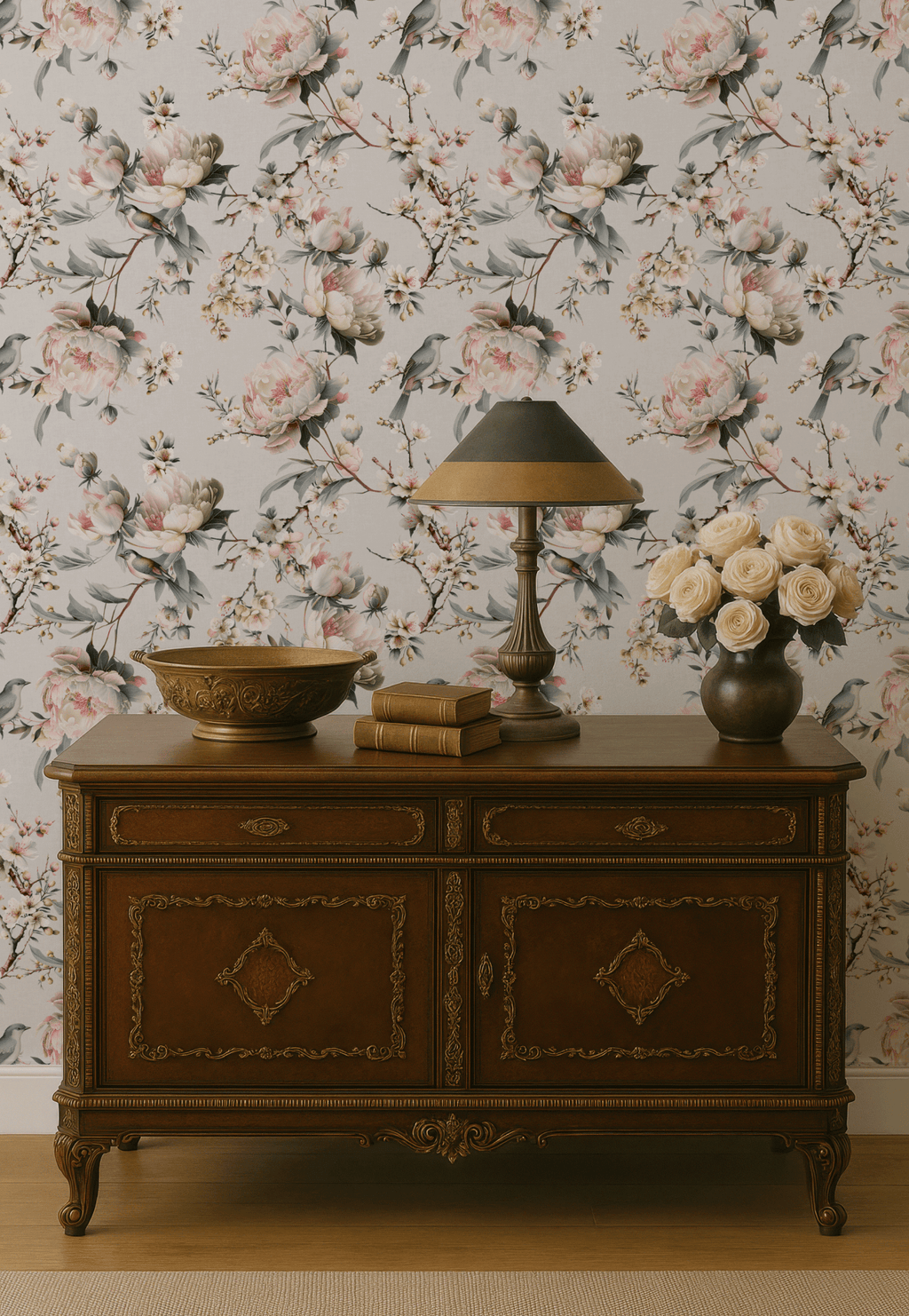 Bird in Blossom Wallpaper - Linen - Hydrangea Lane Home