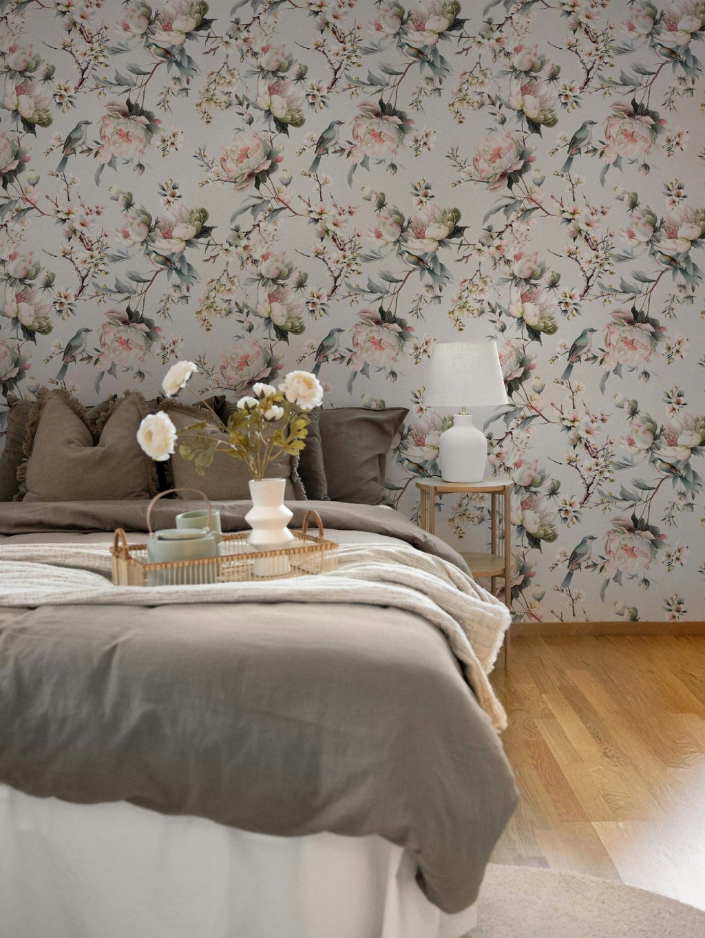 Bird in Blossom Wallpaper - Linen - Hydrangea Lane Home