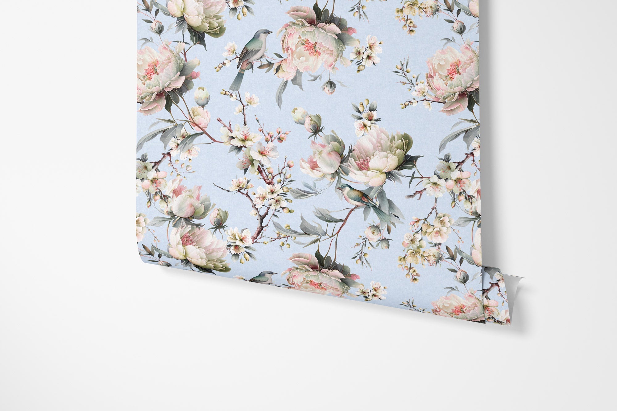Bird in Blossom Wallpaper - Serenity Blue - Hydrangea Lane Home