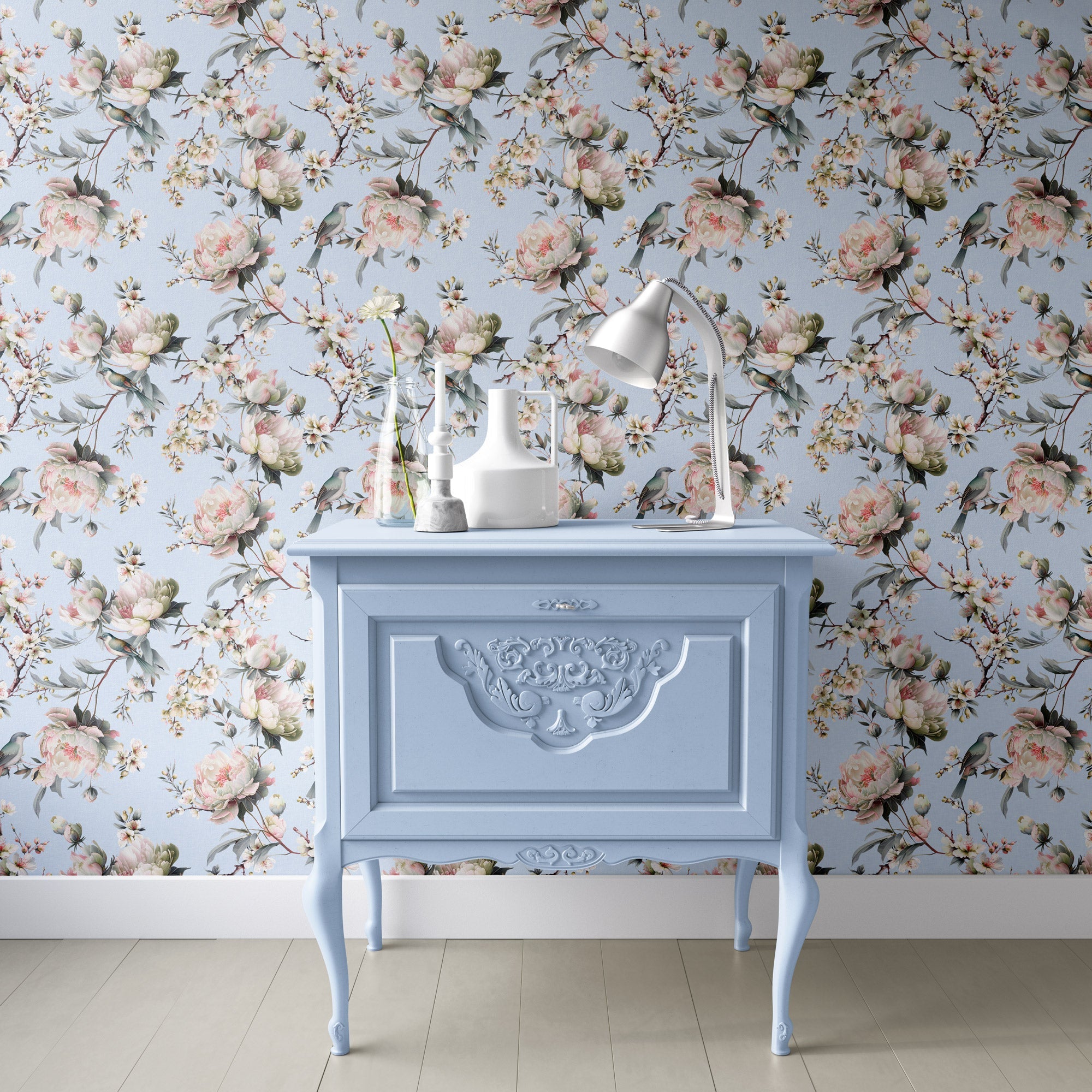 Bird in Blossom Wallpaper - Serenity Blue - Hydrangea Lane Home