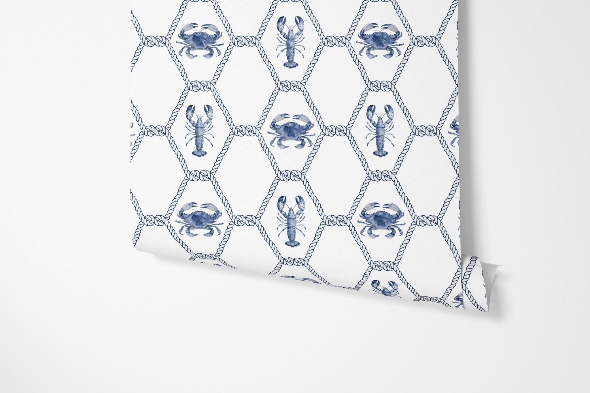 Blue Lobster and Crab Trellis Wallpaper - Hydrangea Lane Home