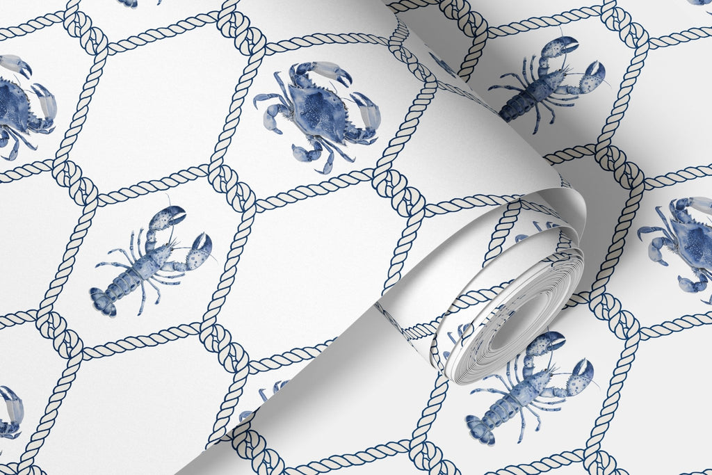 Blue Lobster and Crab Trellis Wallpaper - Hydrangea Lane Home