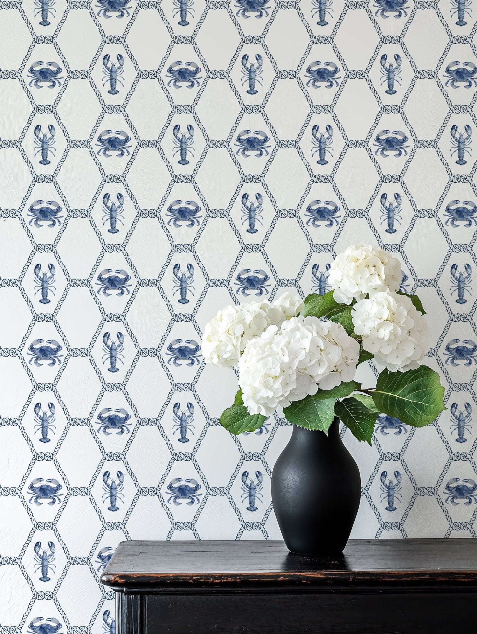 Blue Lobster and Crab Trellis Wallpaper - Hydrangea Lane Home