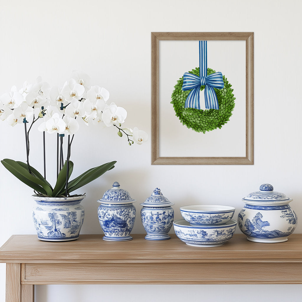 Boxwood Wreath Blue Striped Bow Art print - Hydrangea Lane Home