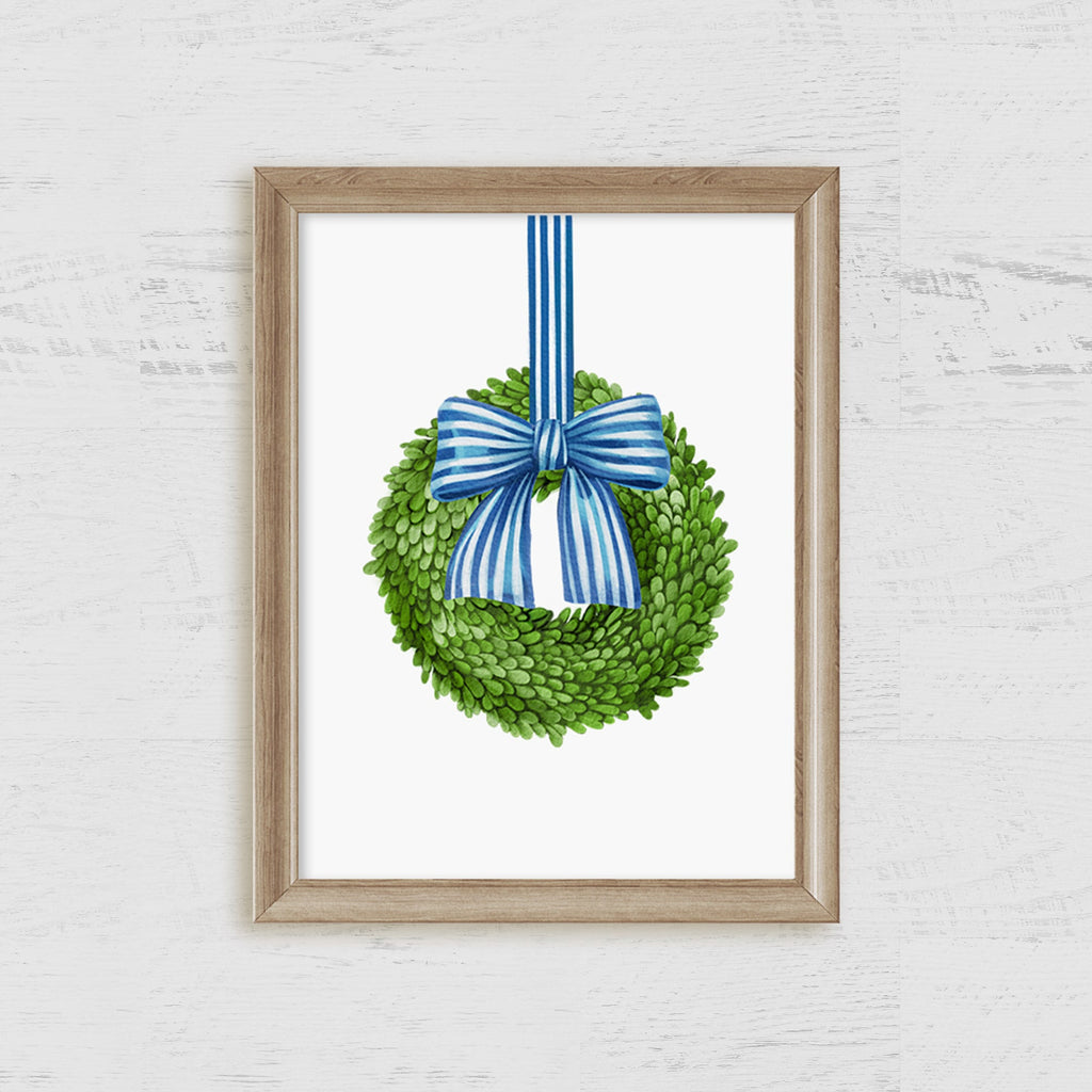 Boxwood Wreath Blue Striped Bow Art print - Hydrangea Lane Home