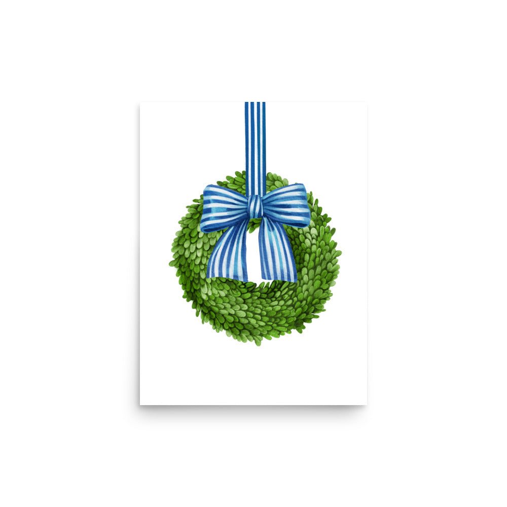 Boxwood Wreath Blue Striped Bow Art print - Hydrangea Lane Home