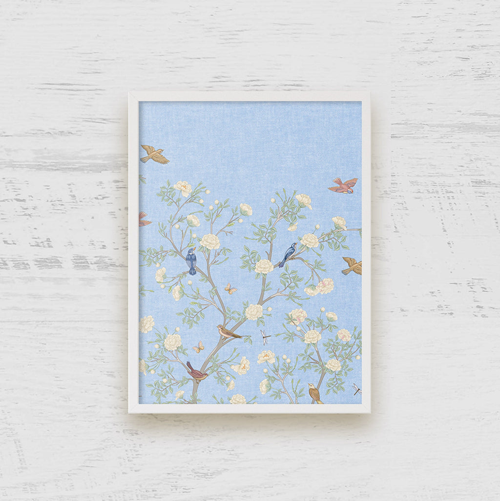 Camellia Garden Chinoiserie Art Print - Left on Serenity Blue - Hydrangea Lane Home