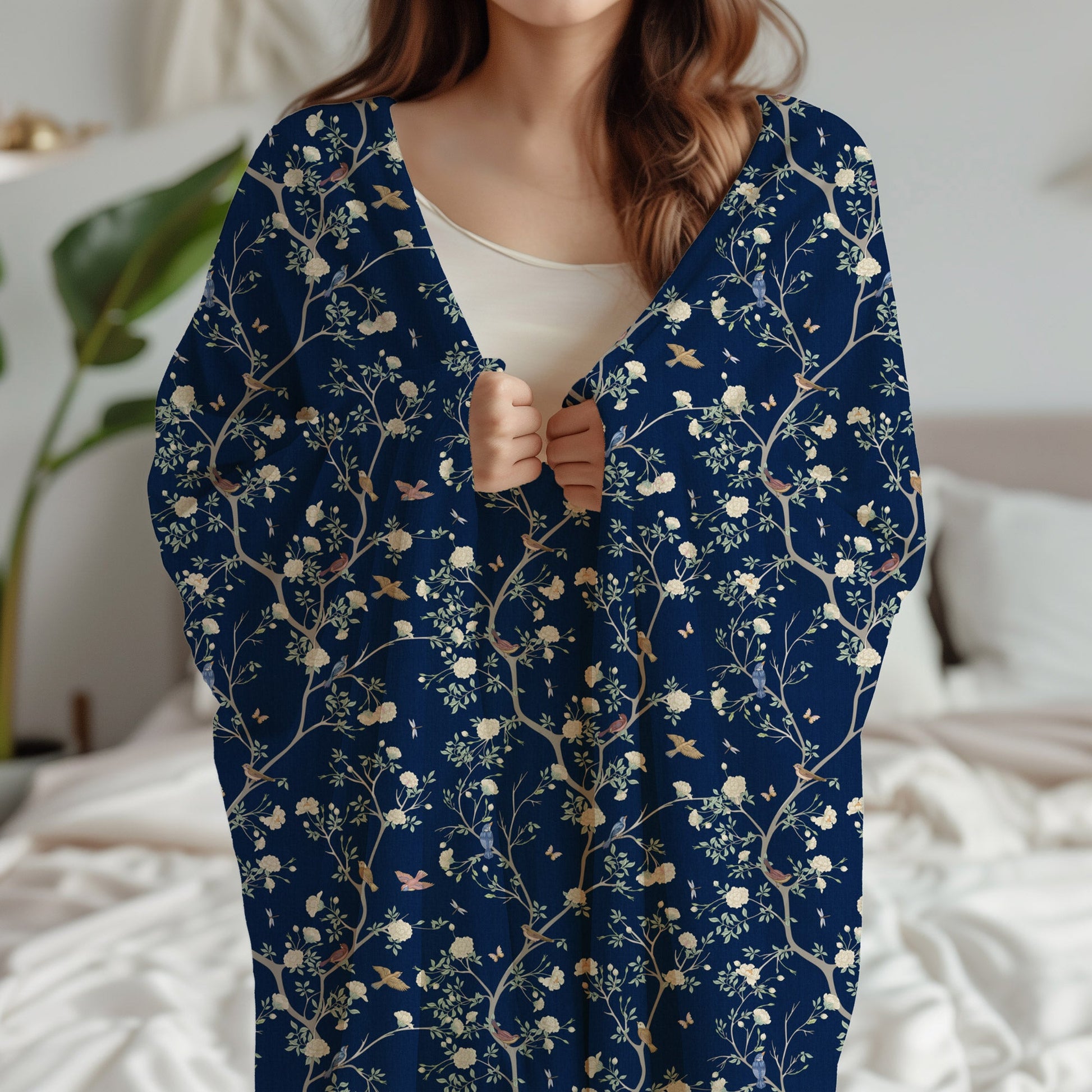 Camellia Garden Navy Soft Throw Fleece Blanket - Hydrangea Lane Home
