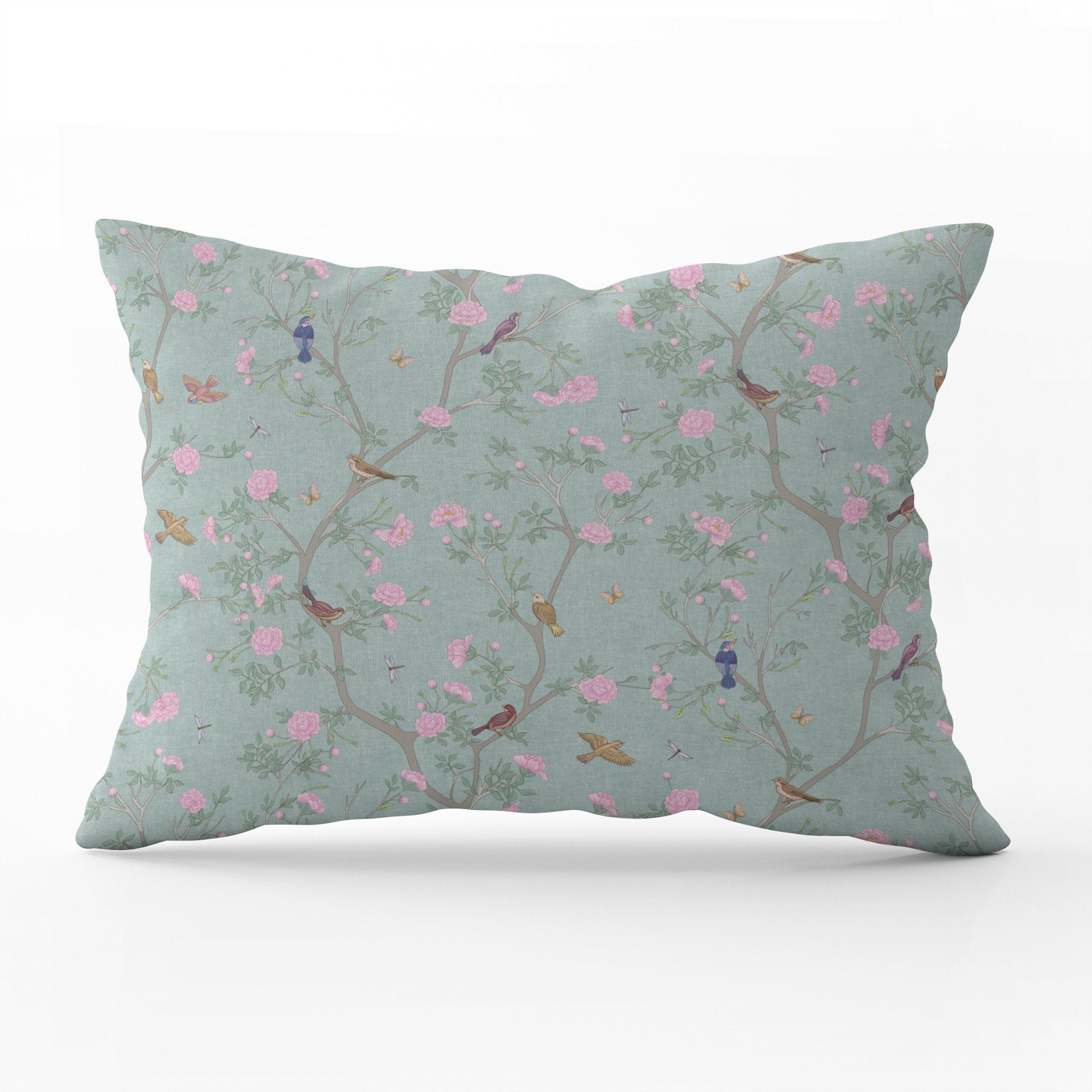 Camellia Garden Pink Cushion - Eau de Nil - Hydrangea Lane Home