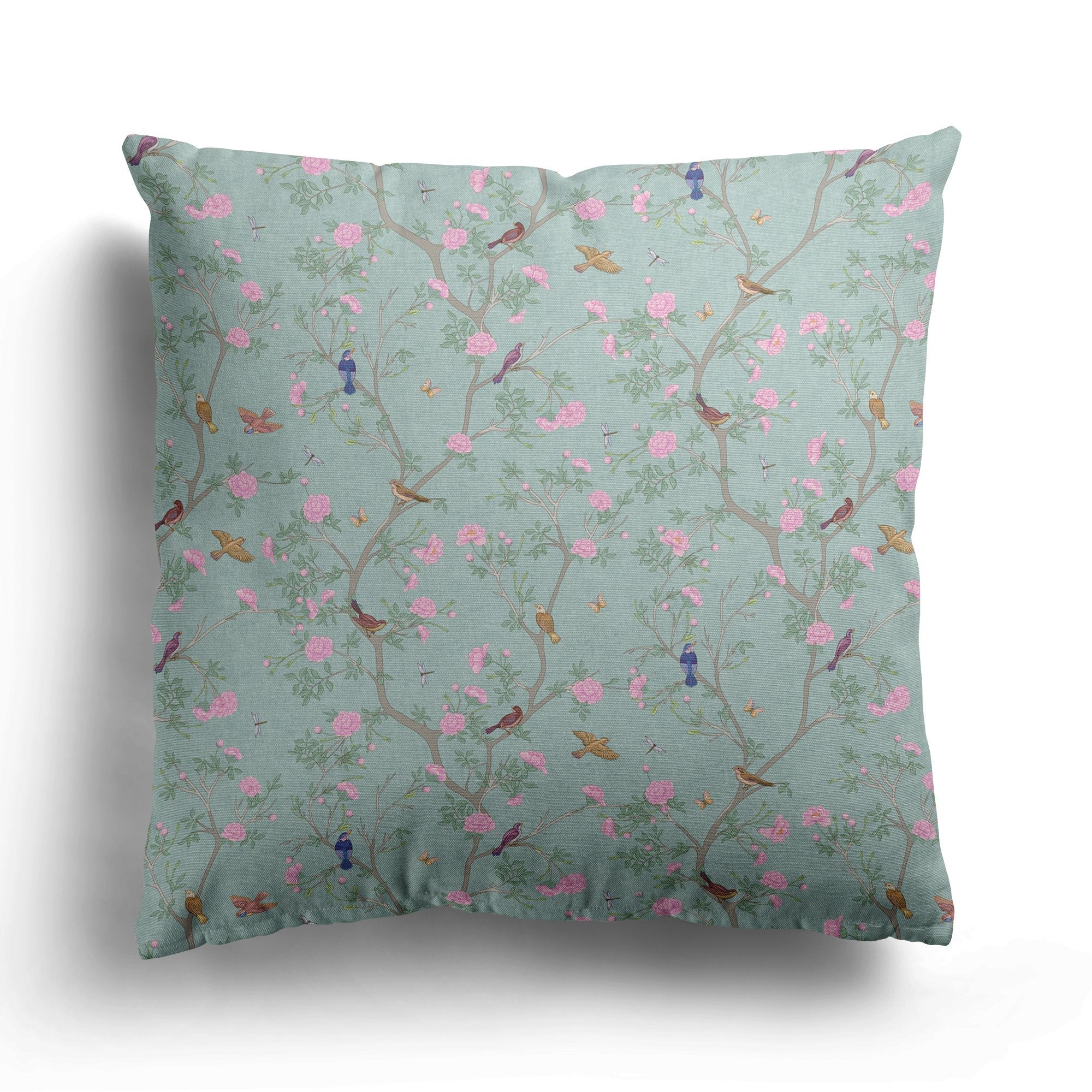 Camellia Garden Pink Cushion - Eau de Nil - Hydrangea Lane Home