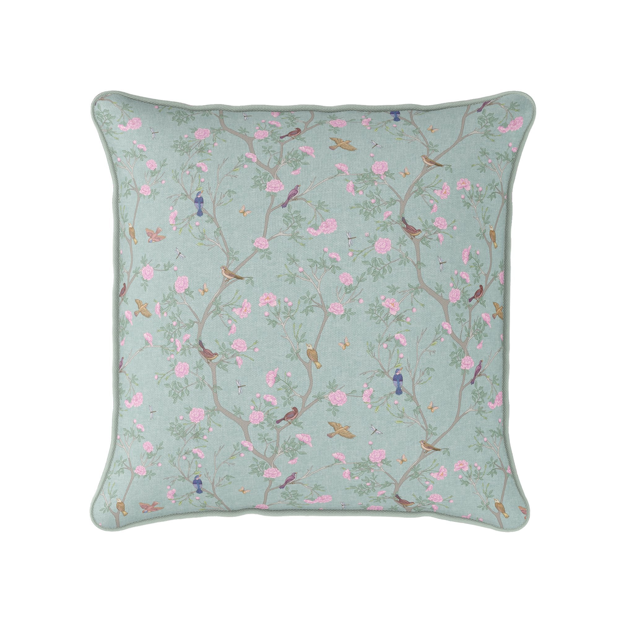 Camellia Garden Pink Cushion - Eau de Nil - Hydrangea Lane Home