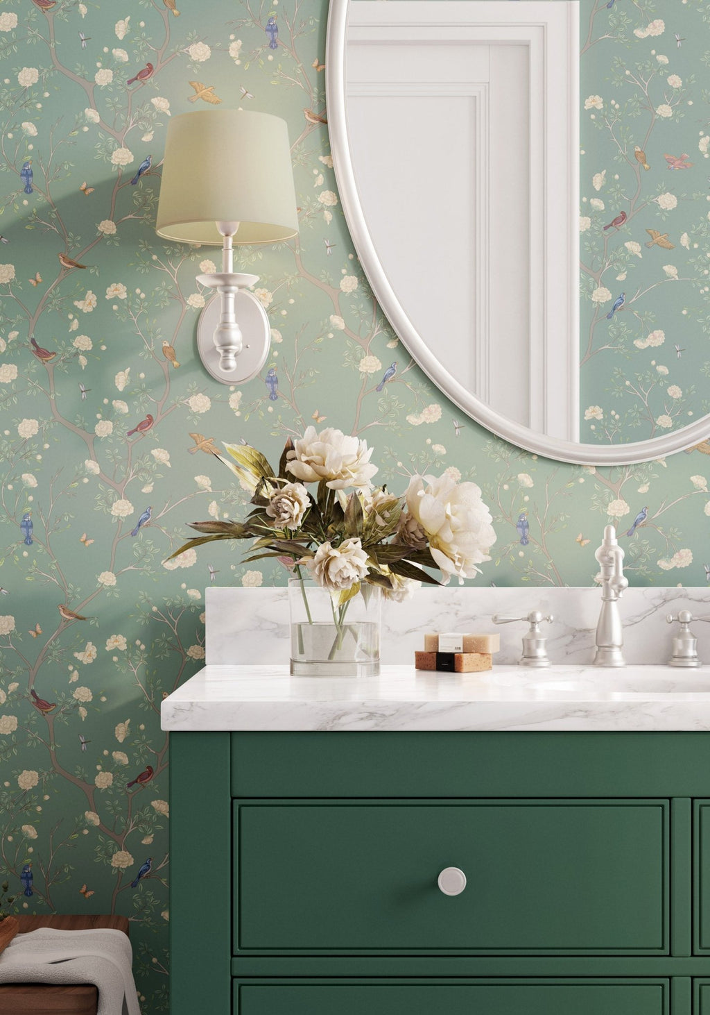 Camellia Garden Wallpaper - Eucalyptus - Hydrangea Lane Home
