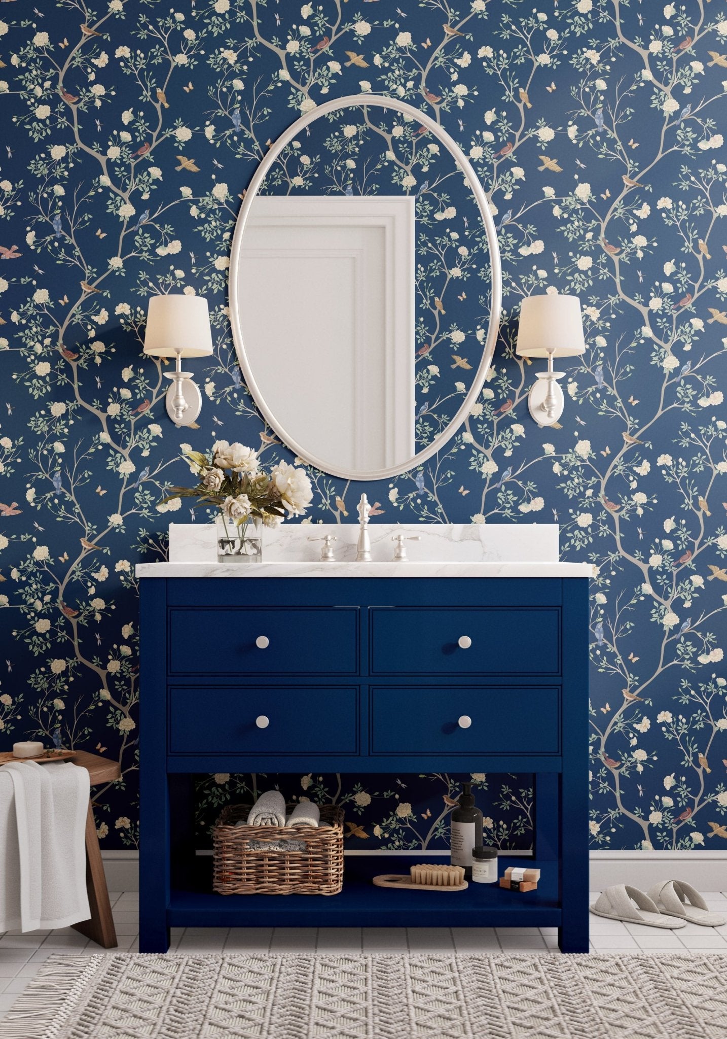 Camellia Garden Wallpaper - Navy - Hydrangea Lane Home