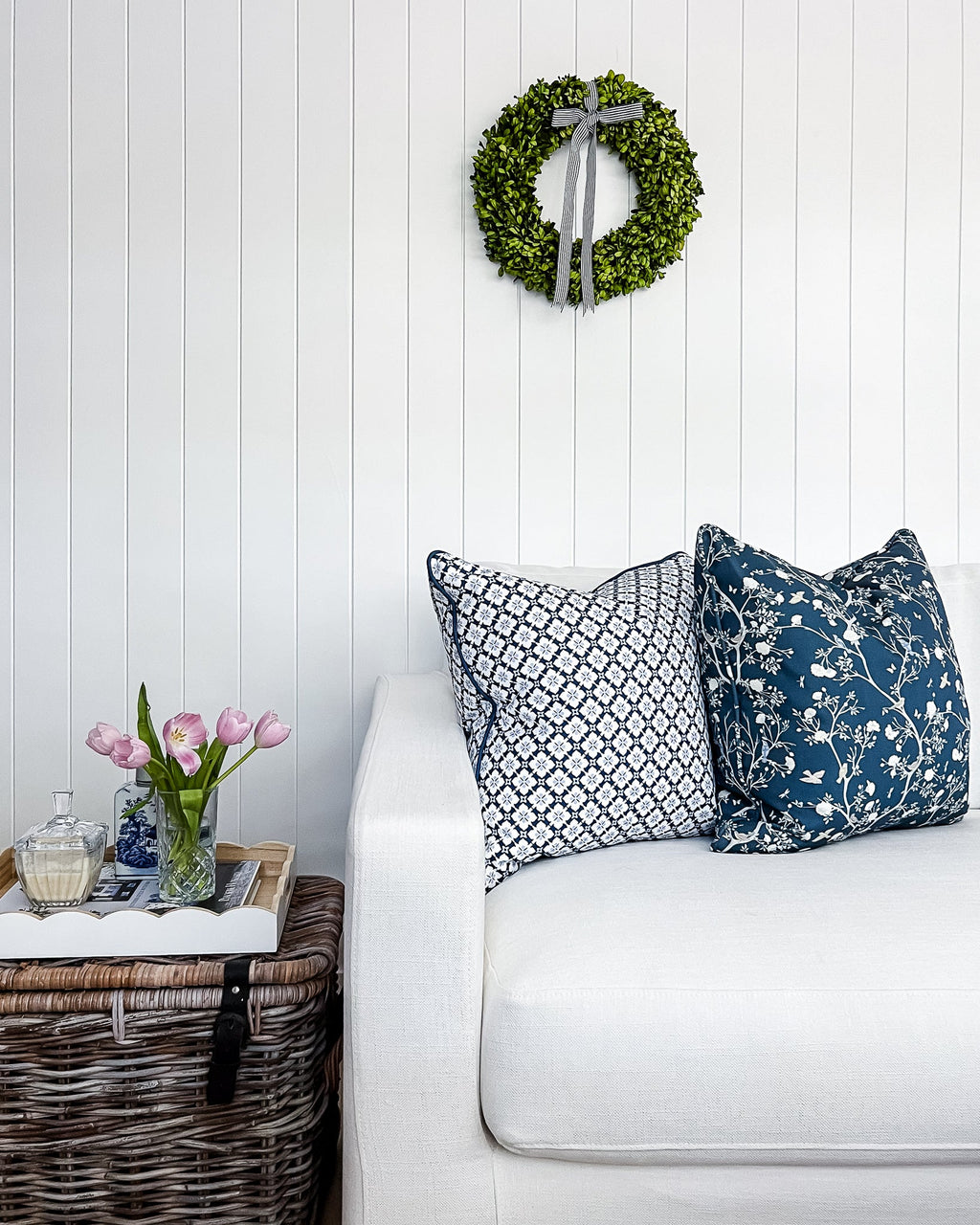 Camellia Garden White Cushion - Navy - Hydrangea Lane Home