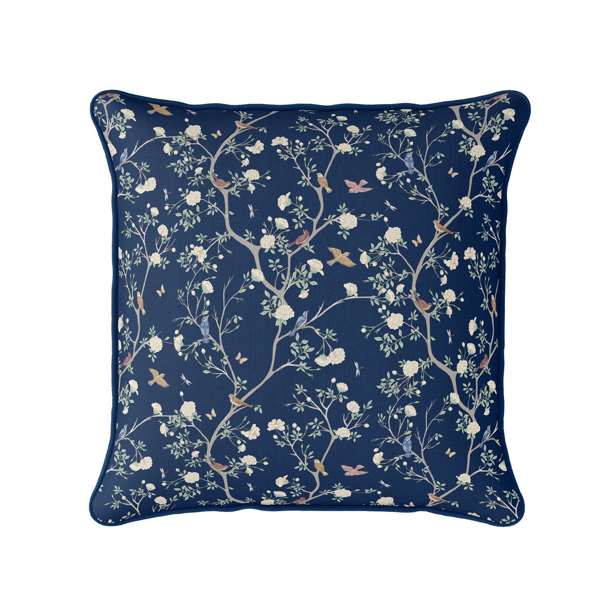 Camellia Garden White Cushion - Navy - Hydrangea Lane Home