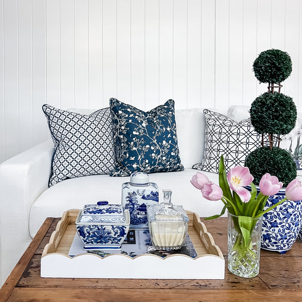Camellia Garden White Cushion - Navy - Hydrangea Lane Home