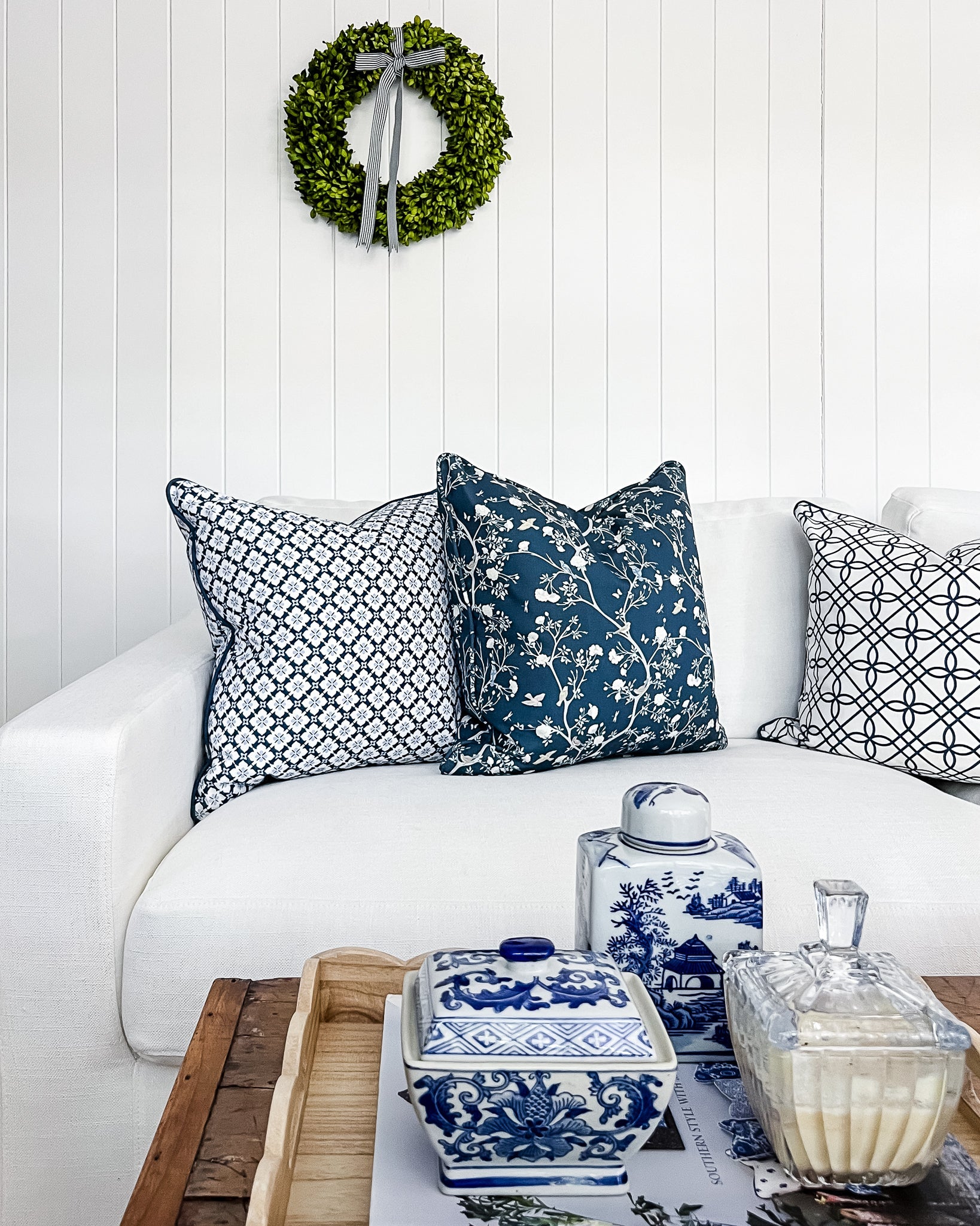 Camellia Garden White Cushion - Navy - Hydrangea Lane Home