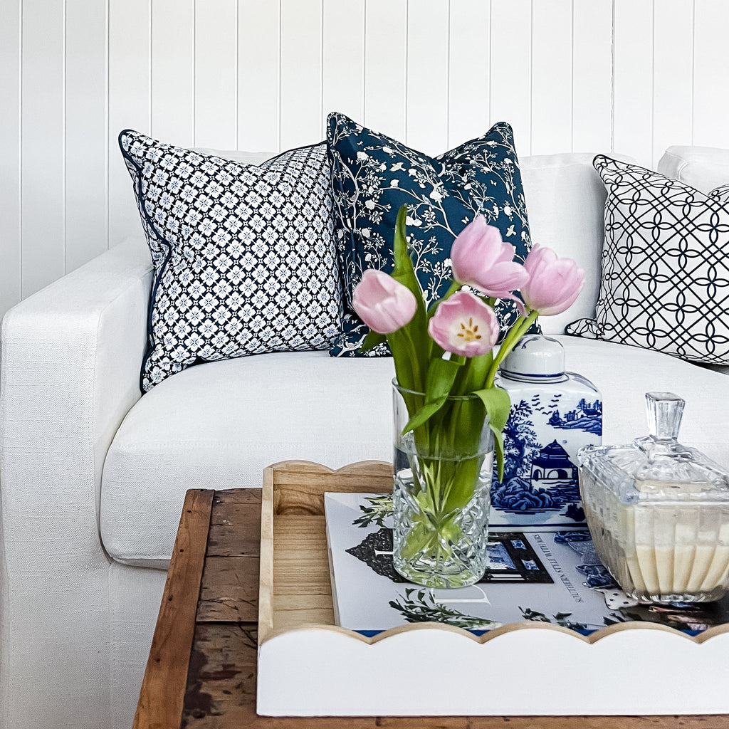 Camellia Garden White Cushion - Navy - Hydrangea Lane Home